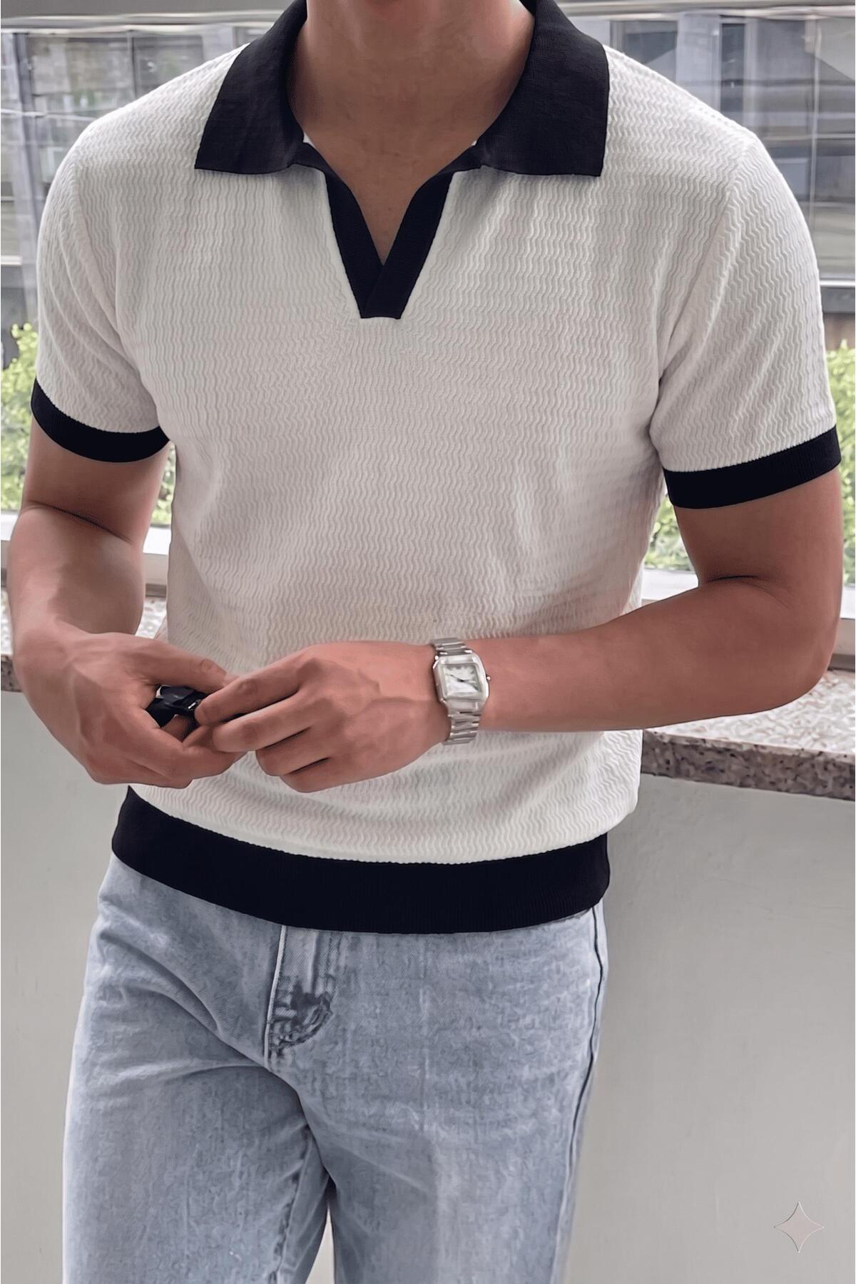 Cube Men's Slim Fit Jacquard Polo Neck Knitwear T-Shirt - Contrast Striped Knitted Bouquet