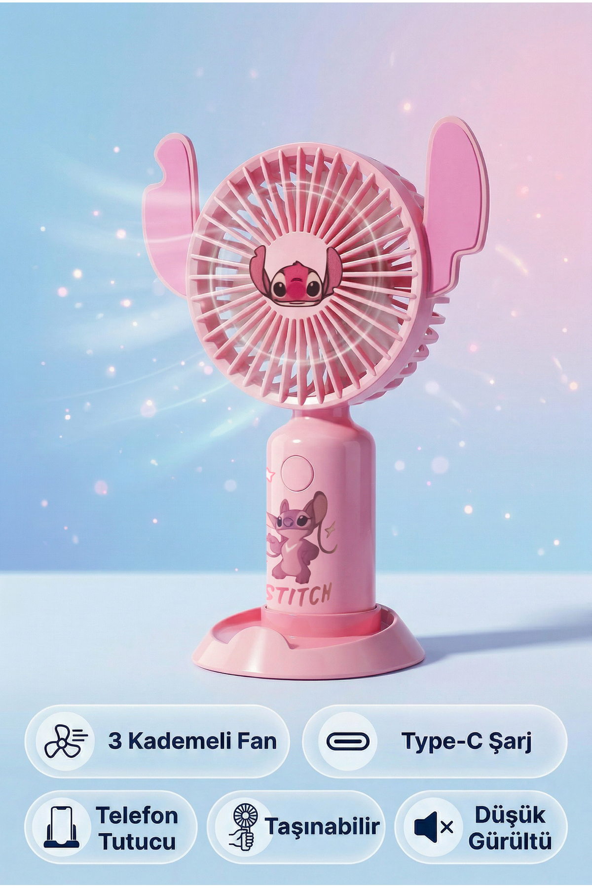 ALFAGİFT Stitch Mini Fan Taşınabilir Şarjlı Fan 3 Kademeli Type-C