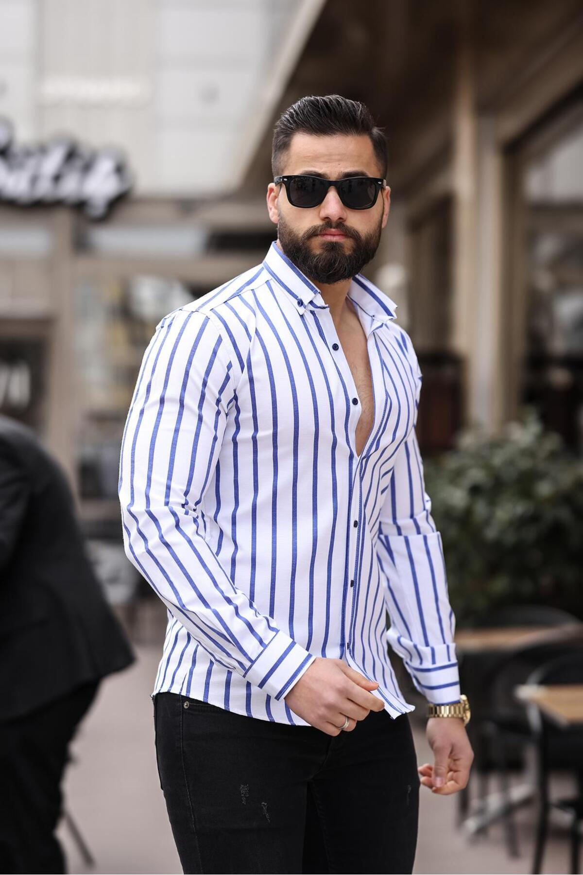 BAYIM Erkek Slim Fit Çizgili Gömlek Likralı Dar Kesim Şık Günlük Gömlek (Beyaz & Mavi / Beyaz & Siyah) görsel 3