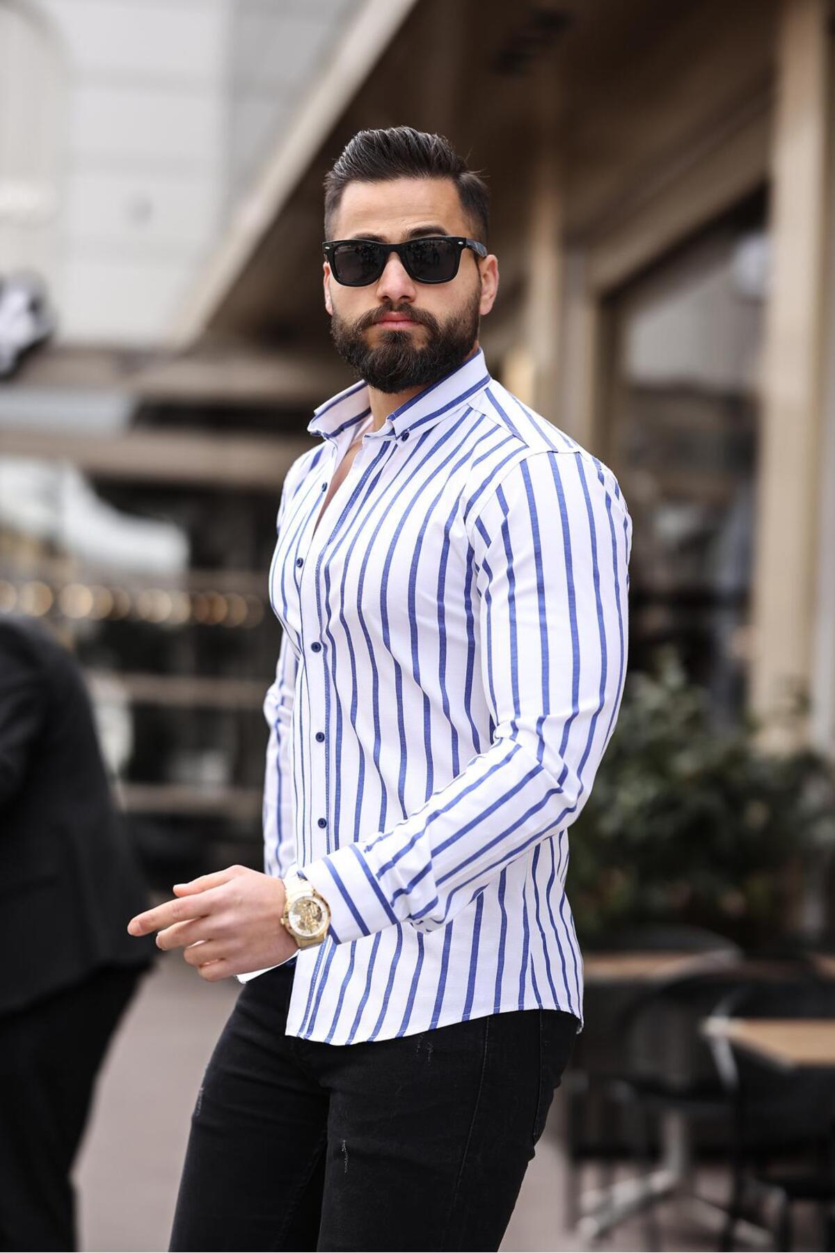 BAYIM Erkek Slim Fit Çizgili Gömlek Likralı Dar Kesim Şık Günlük Gömlek (Beyaz & Mavi / Beyaz & Siyah)