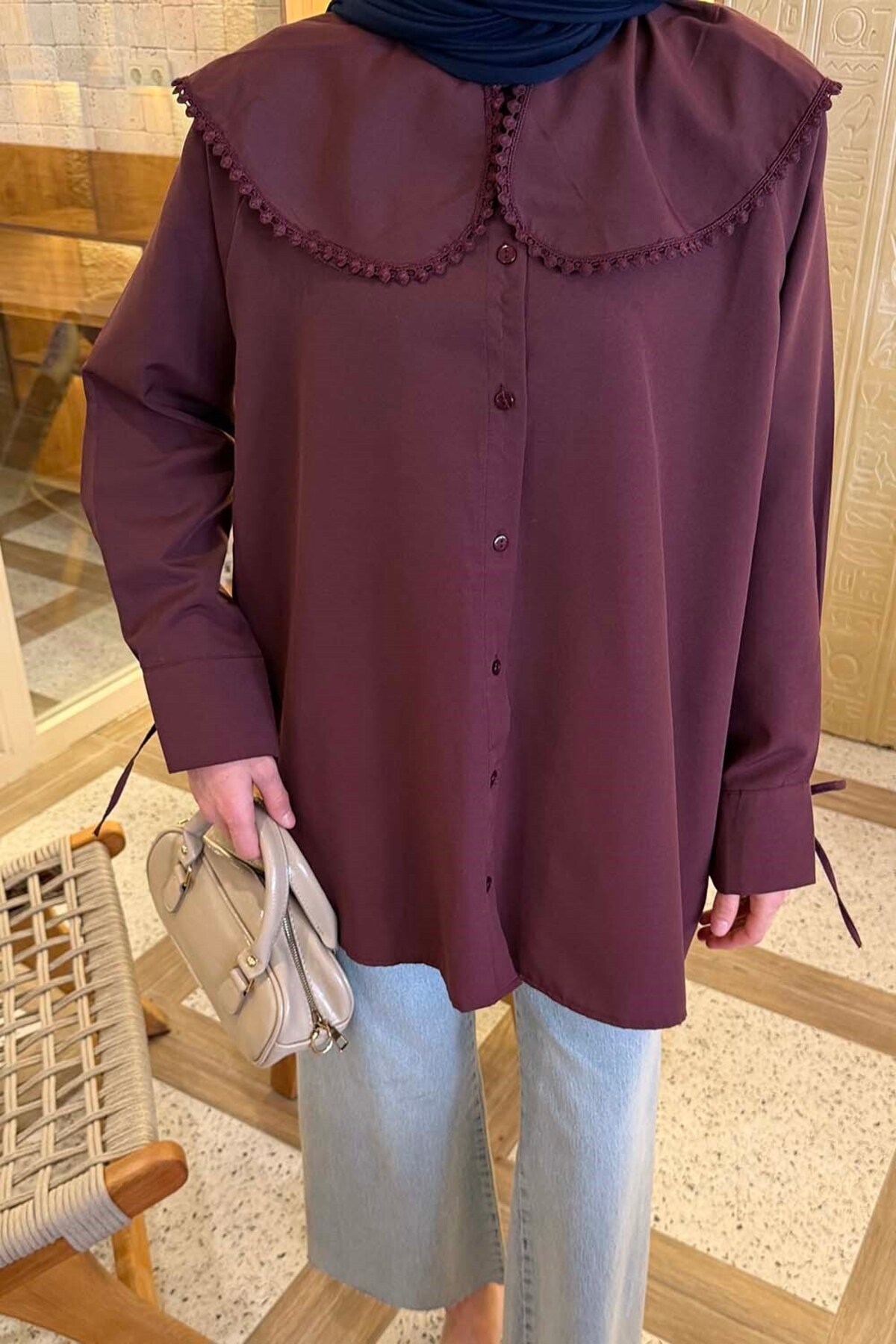 Lamelif  Bebe Yaka Dantel Detaylı Gömlek Mürdüm - Görsel 3