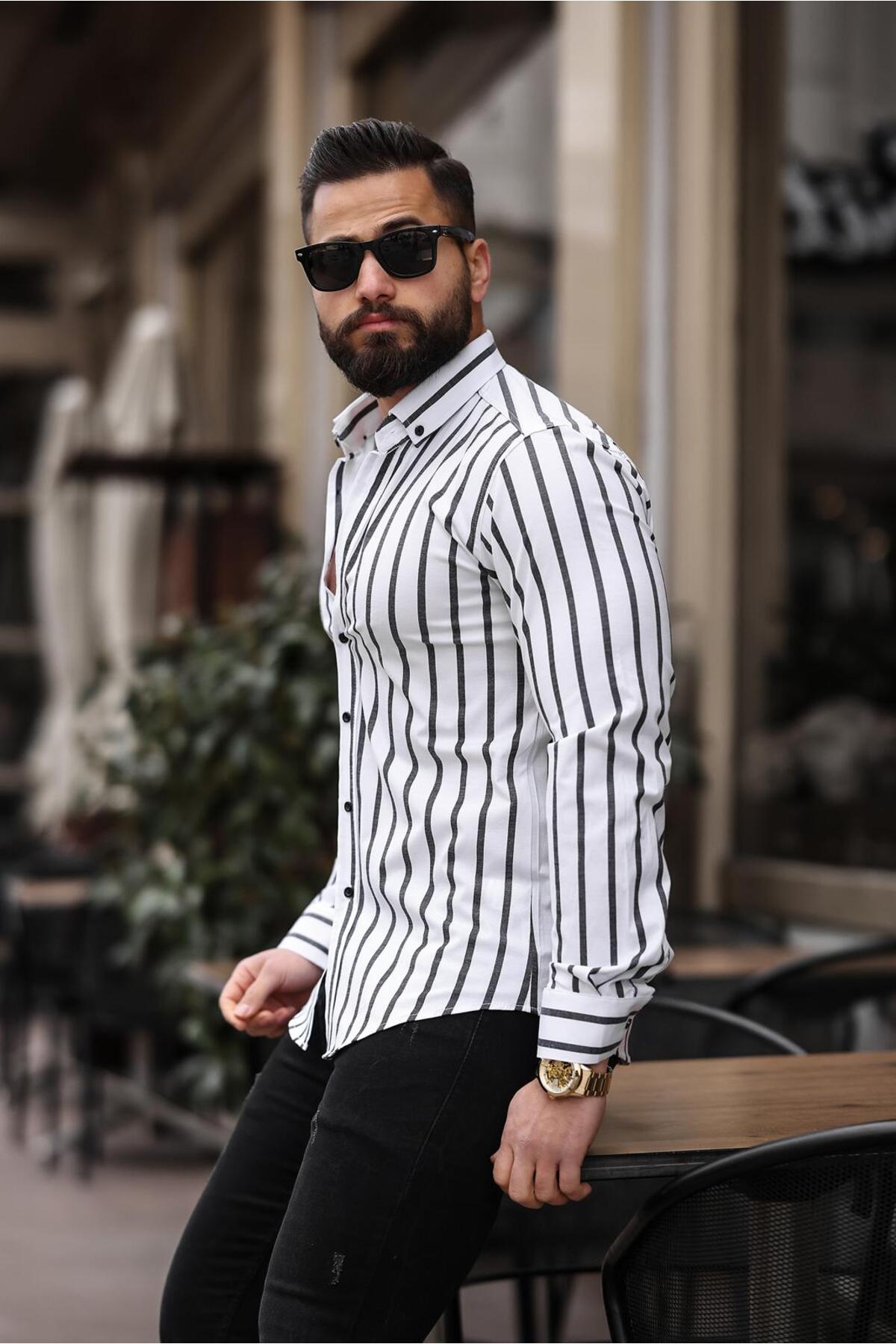 BAYIM Erkek Slim Fit Çizgili Gömlek Likralı Dar Kesim Şık Günlük Gömlek (Beyaz & Mavi / Beyaz & Siyah)