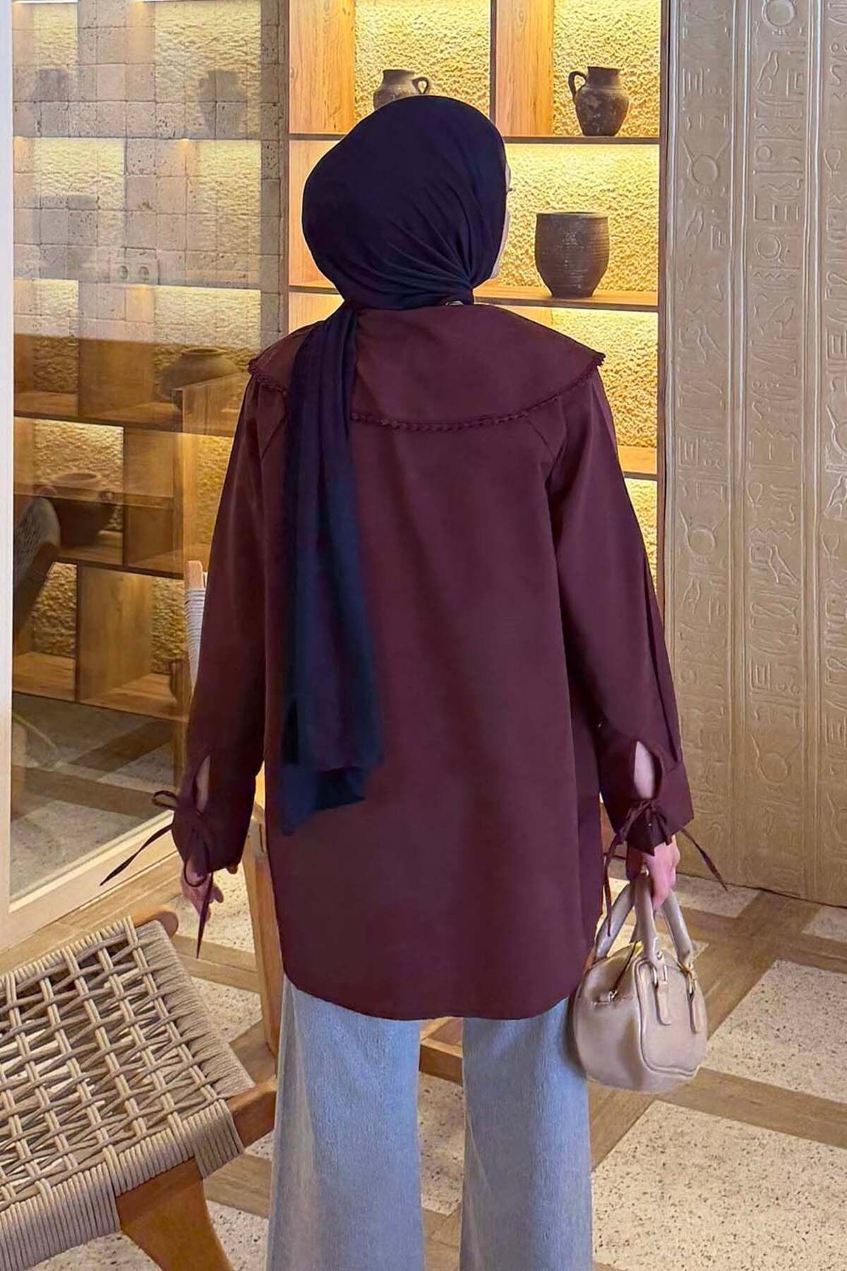 Lamelif  Bebe Yaka Dantel Detaylı Gömlek Mürdüm - Görsel 4