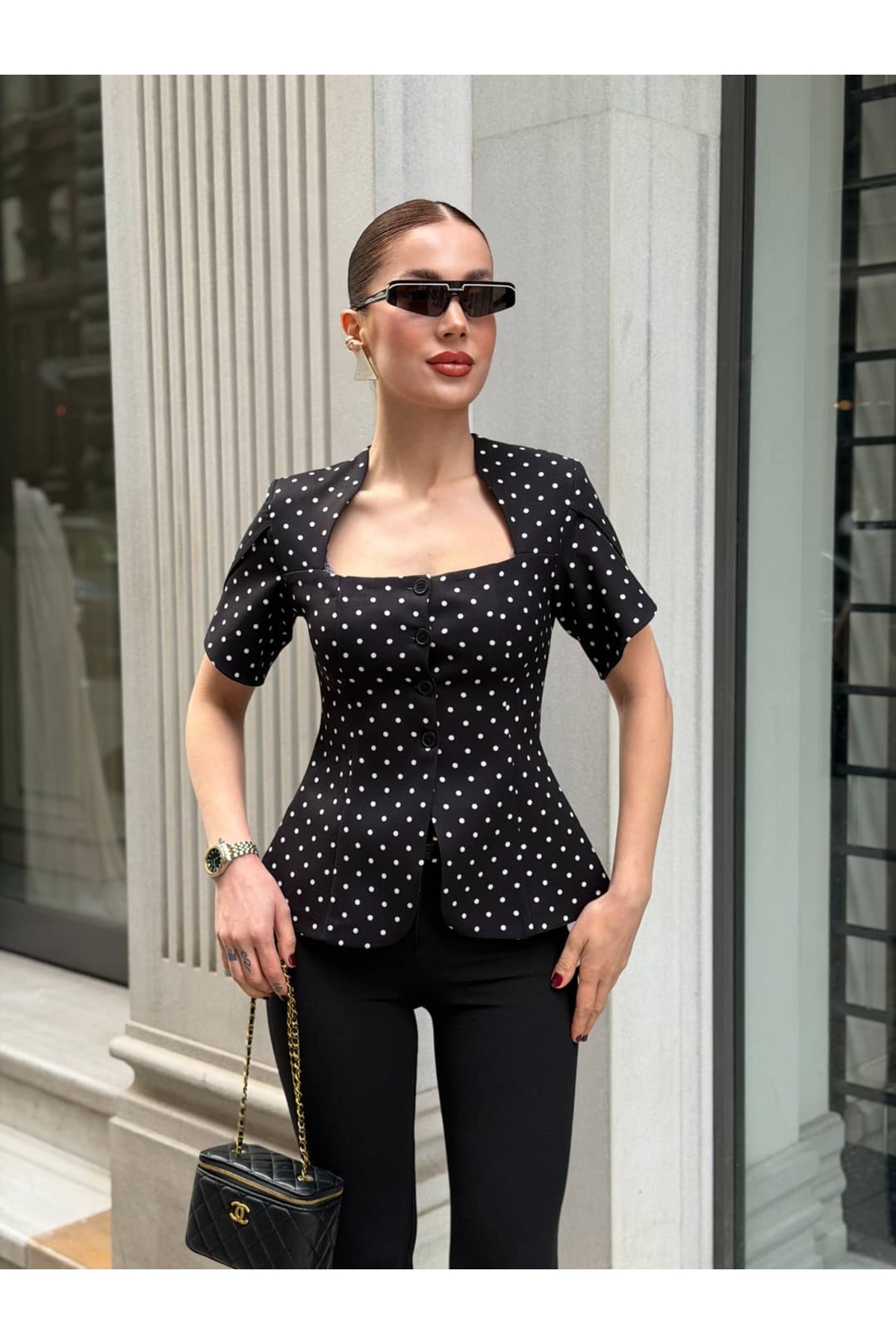 YK FASHION  Puantiyeli Kare Yaka Bluz - Görsel 3