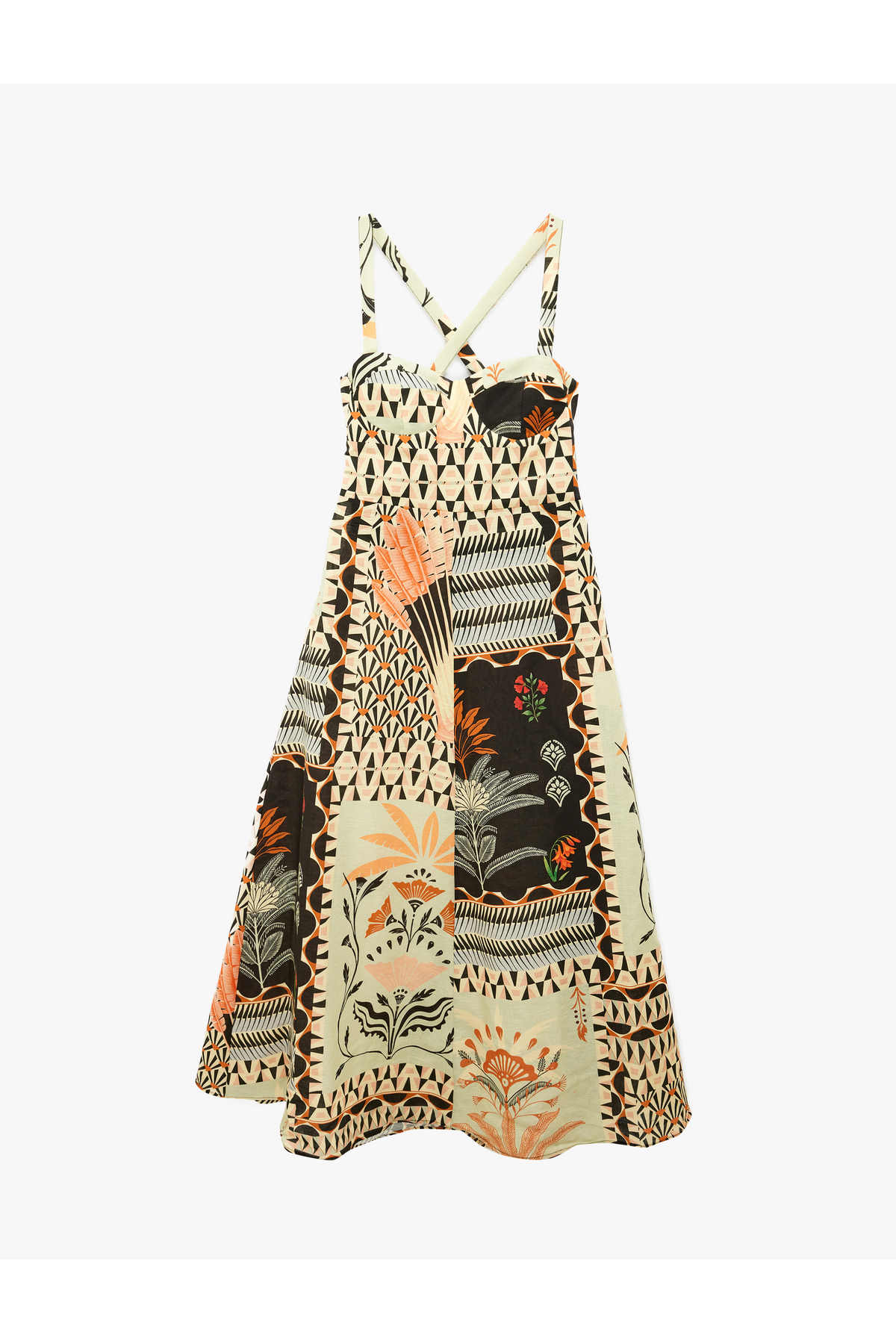 Koton  Keten Karışımlı Sırt Dekolteli Çapraz Askılı Uzun Çiçekli Elbise