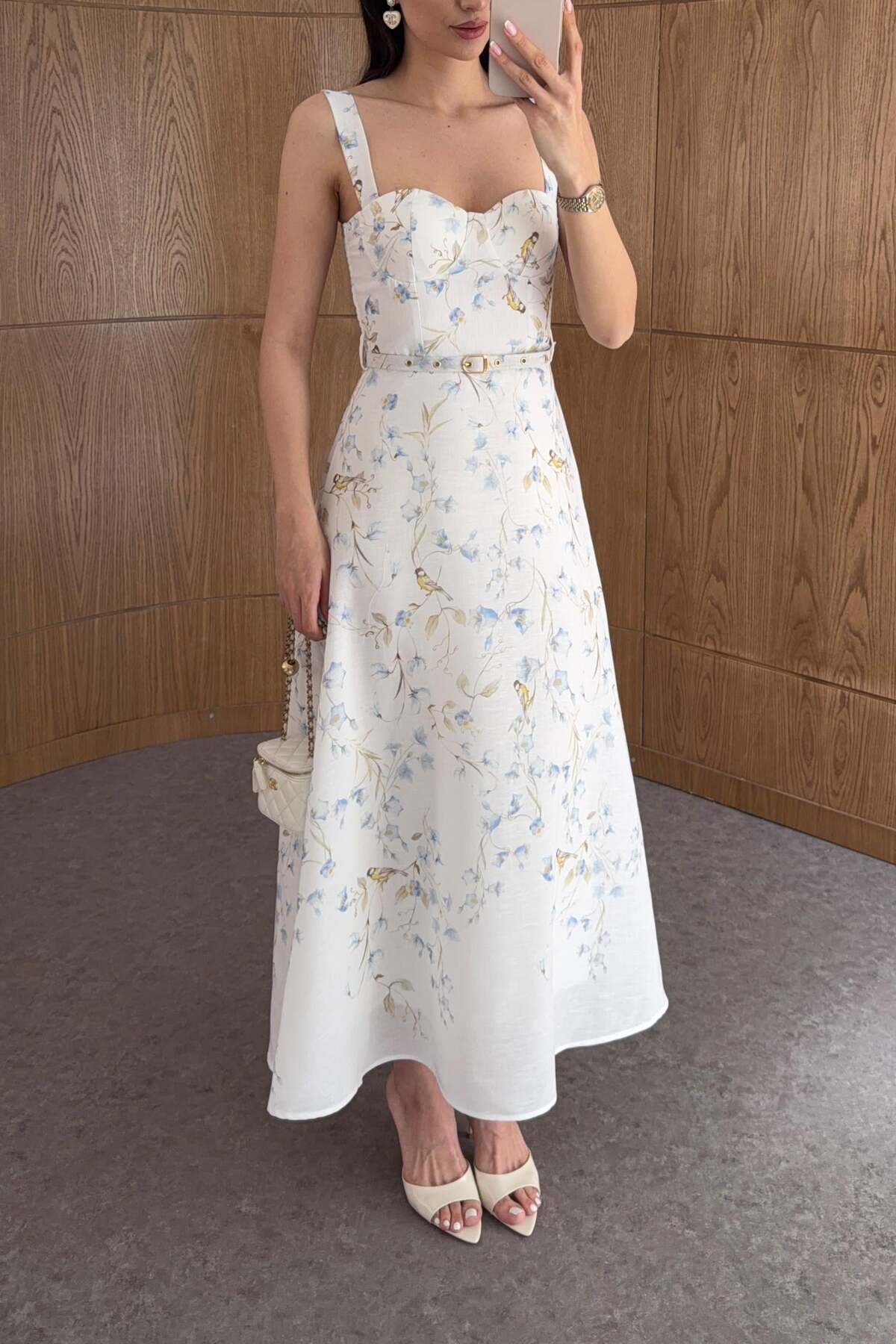 HAZELANNA  Çiçekli Göğüs Balenli Kemerli Elbise - Görsel 4