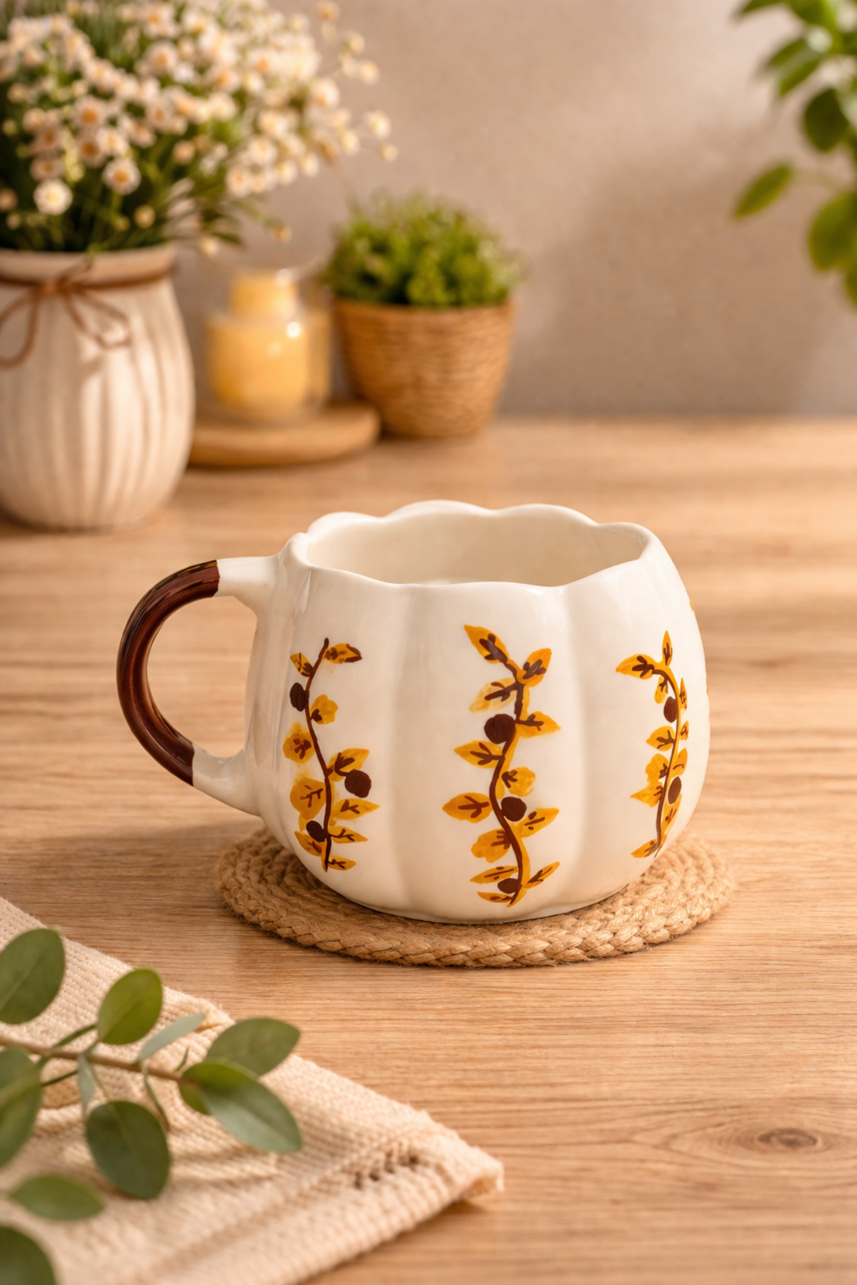 Steppe Patterned MOUTH WAVE DETAIL Custom Embossed Fully Handmade Ceramic Mug