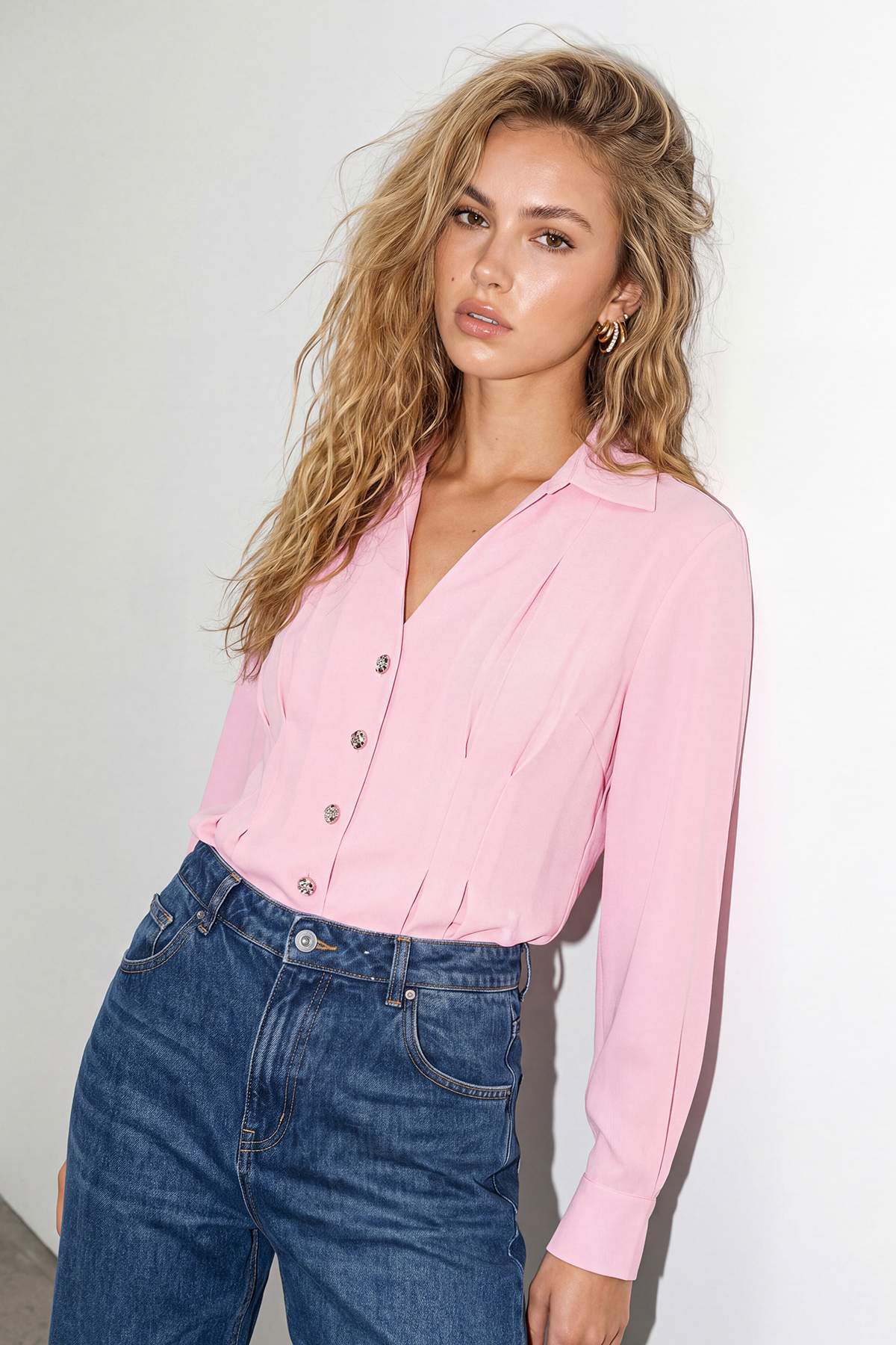 Trendyolmilla  Pembe Beli Pileli Oturmalı Pamuklu Gömlek TDRSS26GO00041