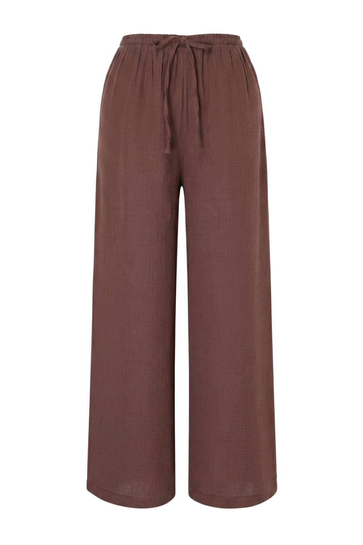 Trendyolmilla  Kahverengi Dokuma Müslin Normal Bel 100% Pamuk Plaj Pantolon TBESS26PL00005