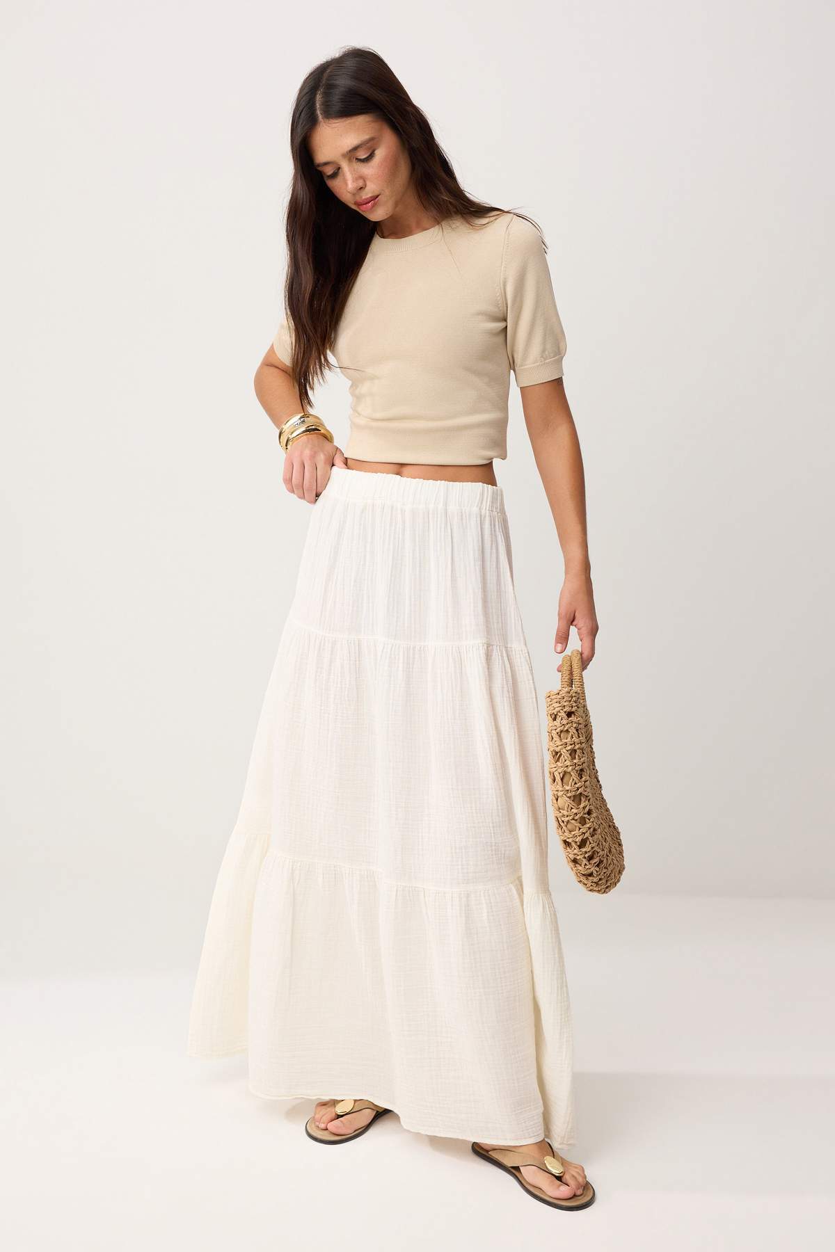 Trendyolmilla  Beyaz %100 Pamuk Müslin Uzun Maxi Etek TWOSS25ET00174