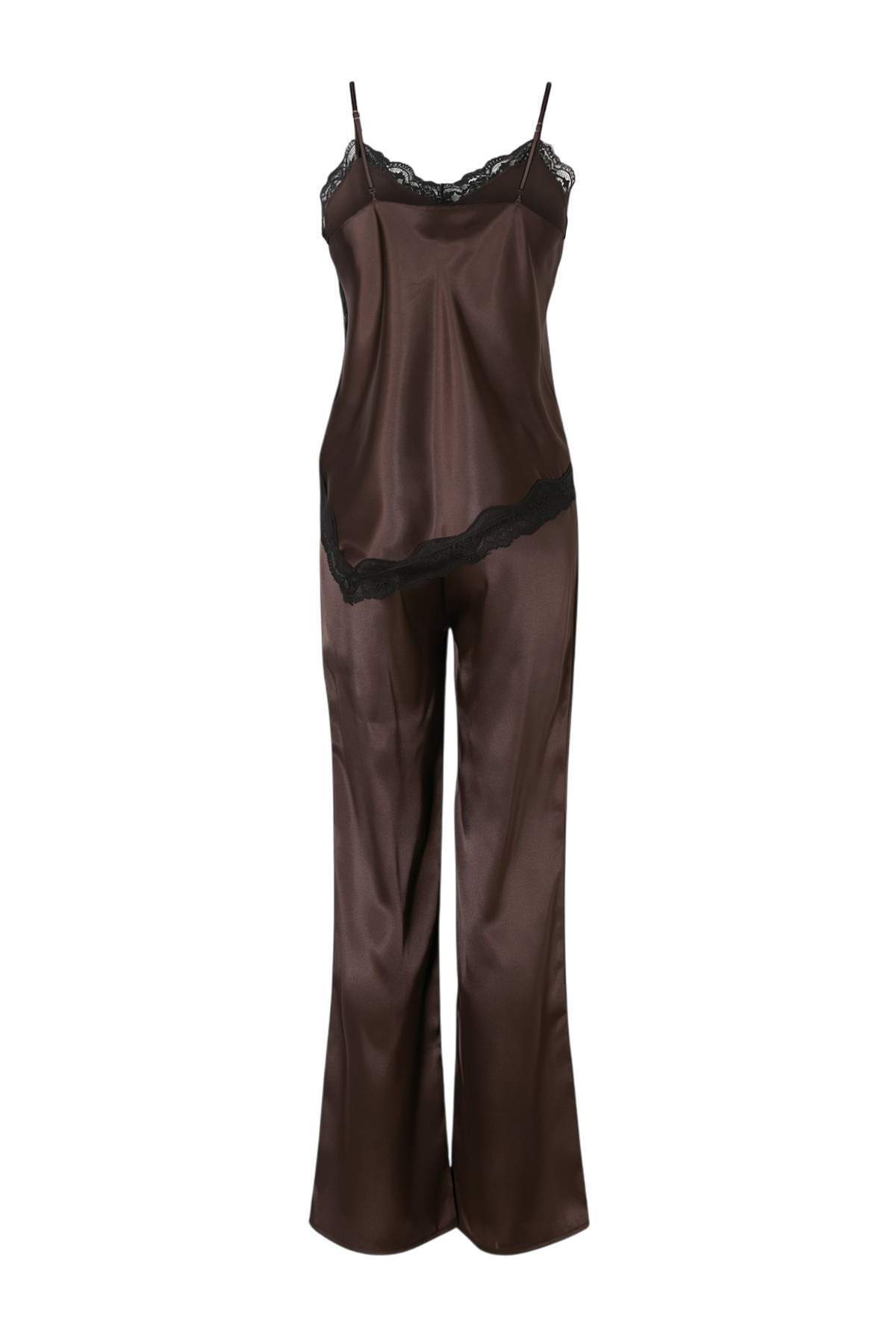 Trendyolmilla  Kahverengi Düz Saten Dokuma Pijama Takımı THMSS26PT00210 - Görsel 2