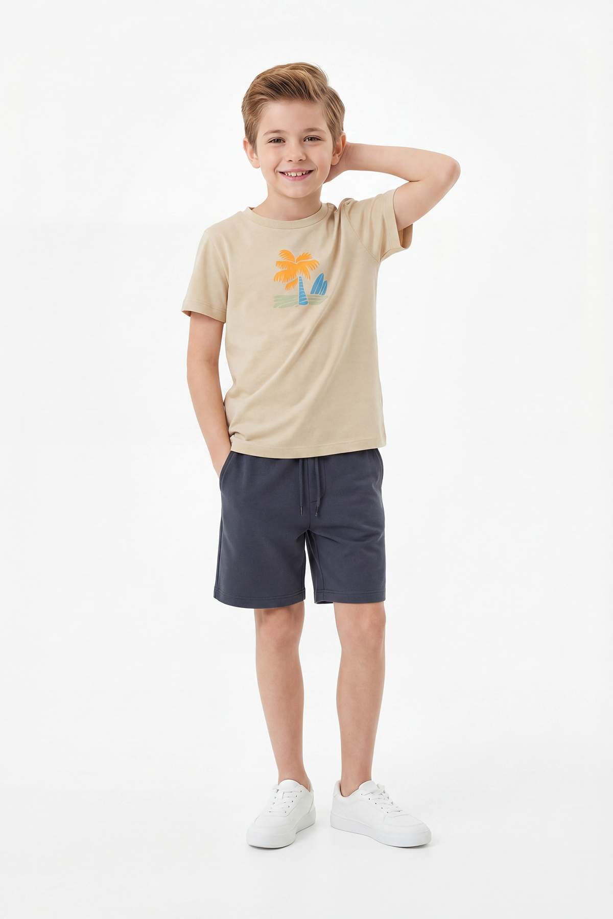 Trendyolmilla Kids Taş Erkek Çocuk %100 Pamuk Sırt Baskılı Örme T-Shirt Şort Alt-Üst Takım TKDSS24AU00008