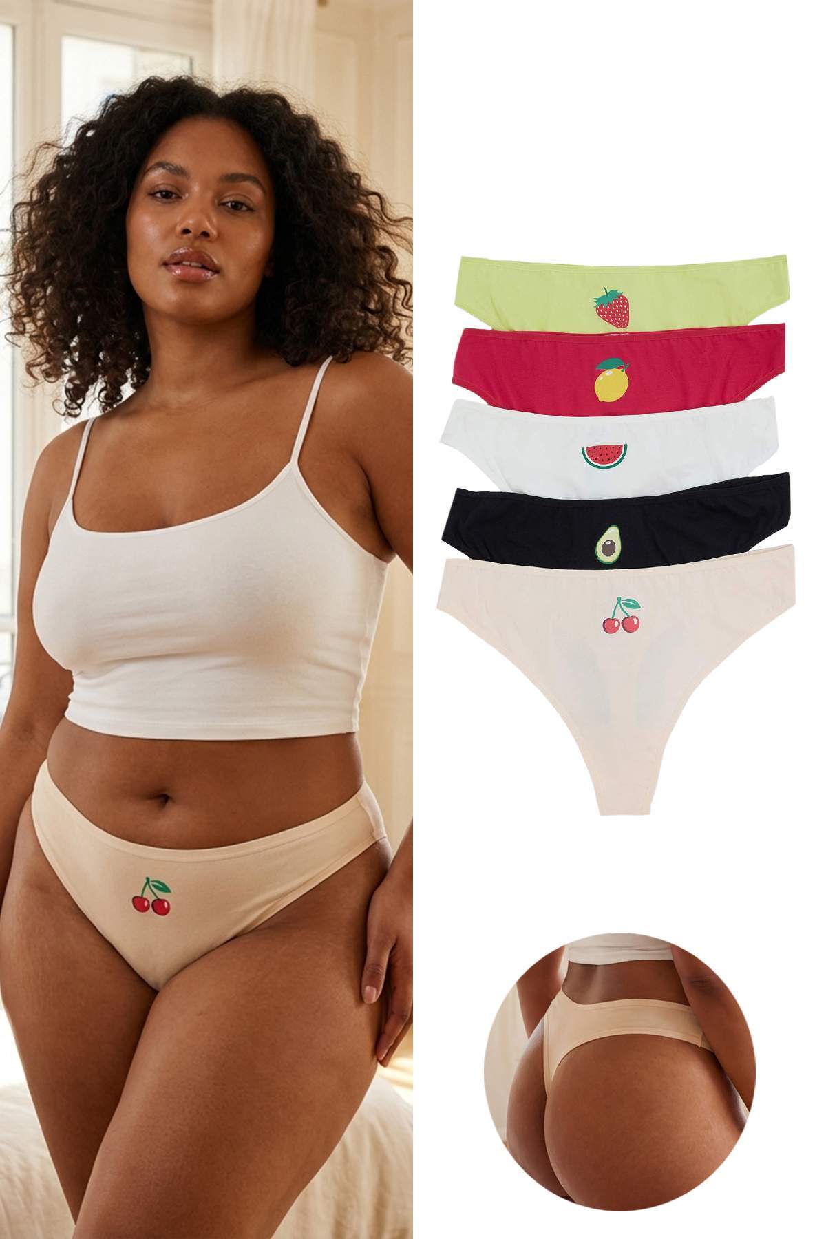 Trendyol Curve Mehrfarbige 5er-Packung Baumwoll-Tanga-Strickhöschen mit Fruch...