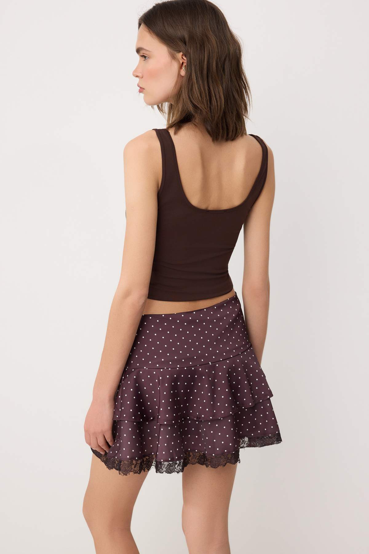 Trendyolmilla  Kahverengi Dantel Detaylı Saten Puantiyeli Mini Şort Etek TWOSS26ET00210 - Görsel 5