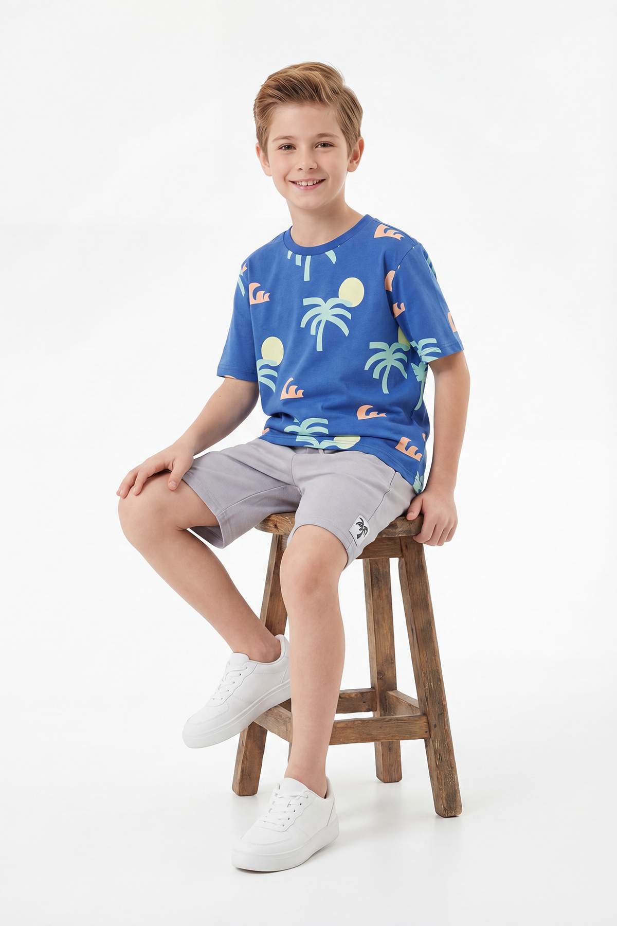 TRENDYOLKIDS Indigo Tropický pletený spodný - vrchný set TKDSS24AU00022