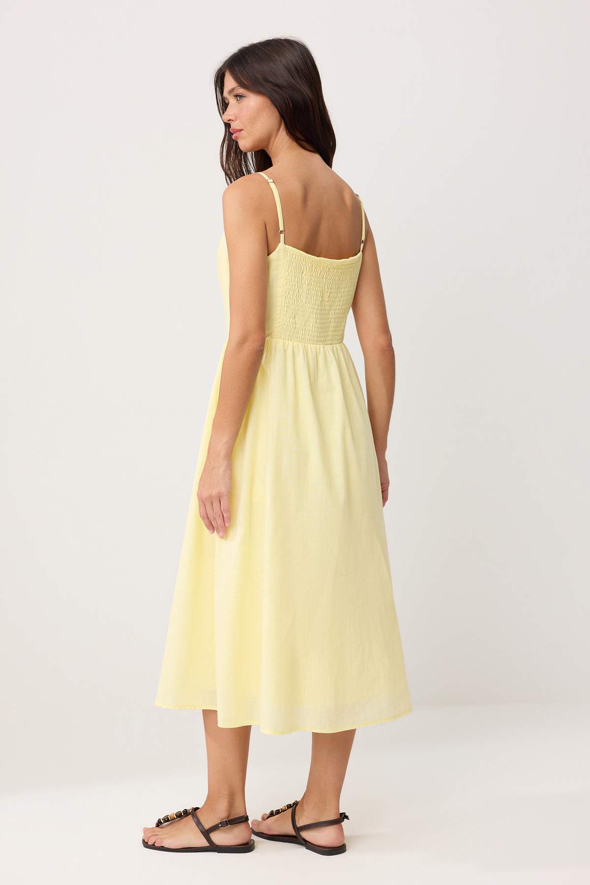 Trendyolmilla  Açık Sarı Çiçekli A Kesim Düğmeli Midi Dokuma Elbise TWOSS25EL00524 - Görsel 4