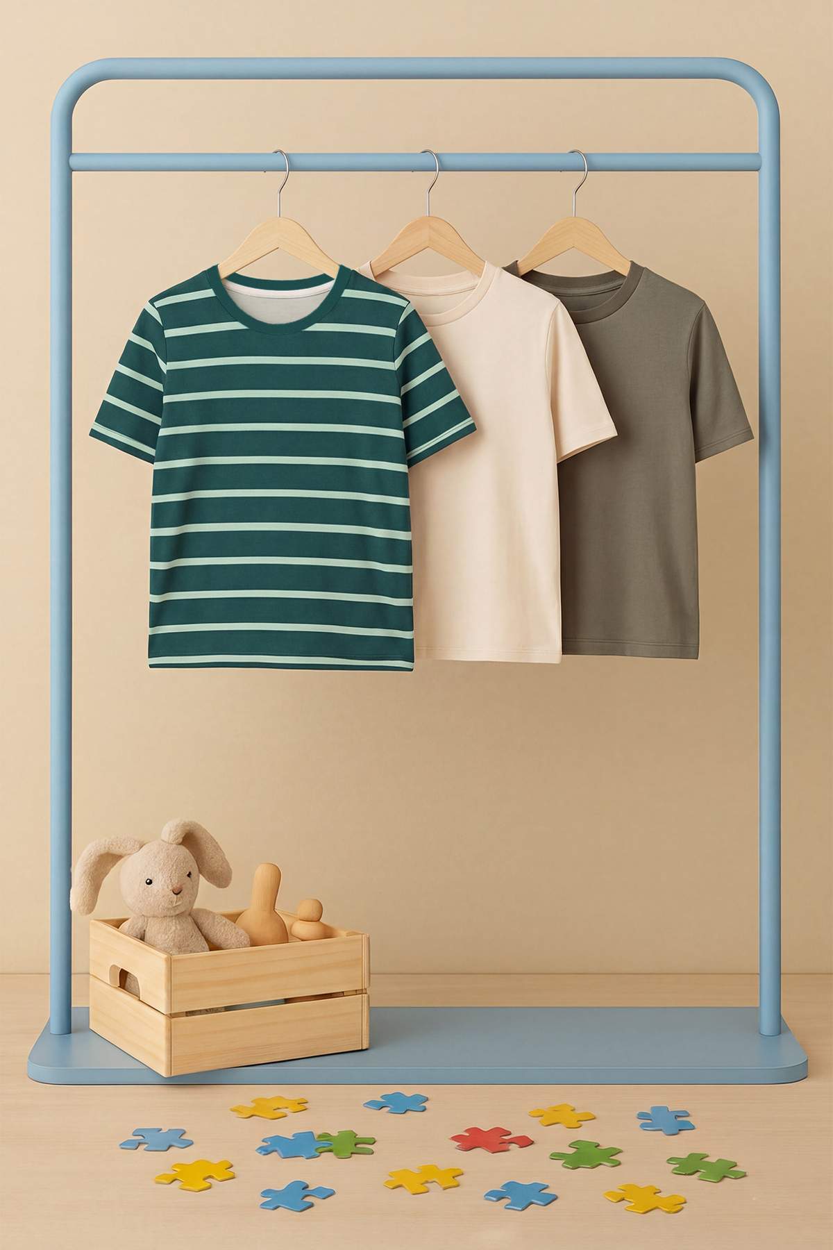 Trendyolmilla Kids Yeşil-Taş-Haki 3'lü Erkek Çocuk %100 Pamuk Basic Kısa Kol Örme T-Shirt TKDSS25TS00021