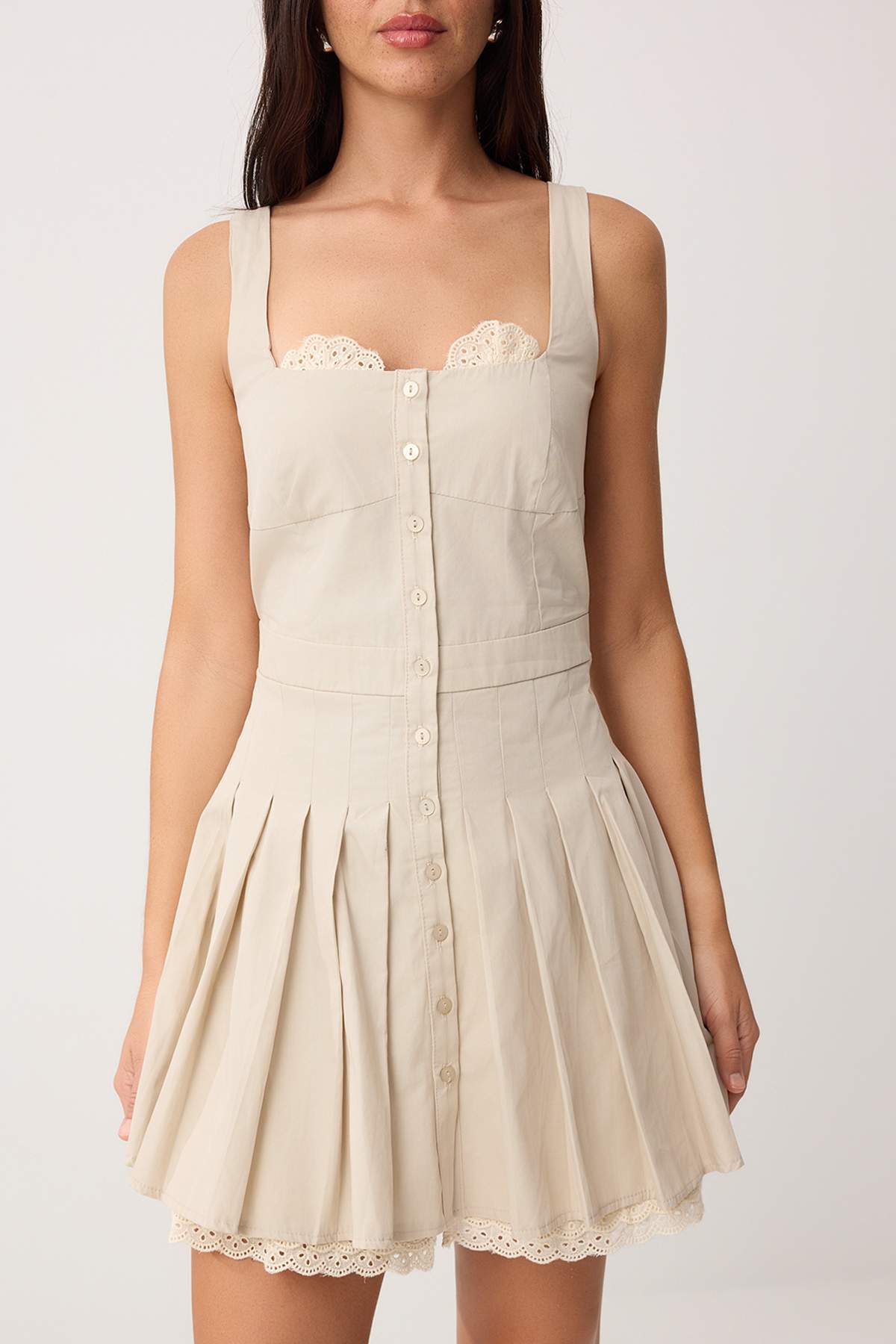 Trendyolmilla  Bej Mini Brode Detaylı Dokuma Elbise TWOSS26EL01037 - Görsel 3