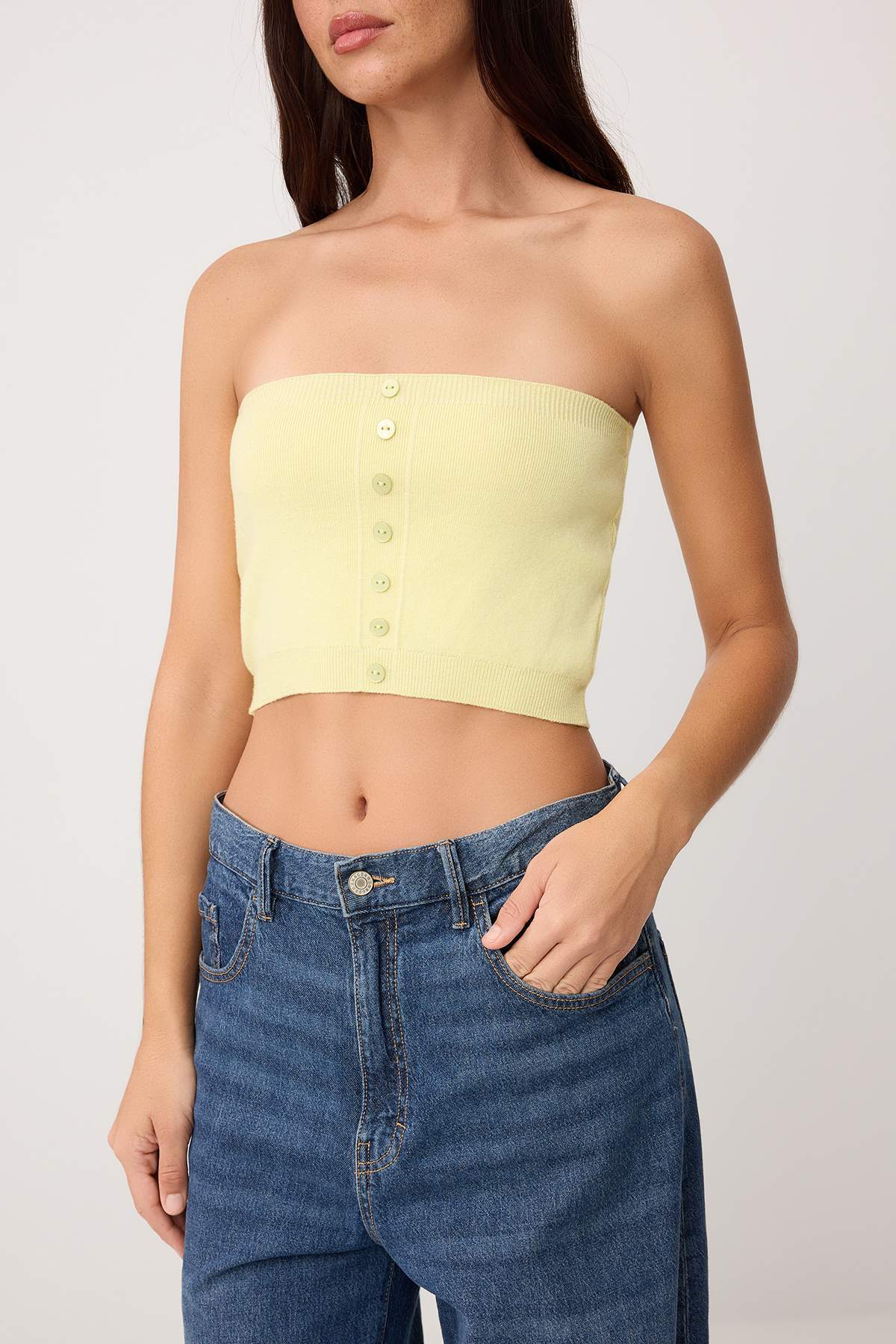 Trendyolmilla  Sarı Basic Yumuşak Straplez Bluz- Bisiklet Yaka Hırka Takım Triko Hırka TWOSS26HI00010 - Görsel 4