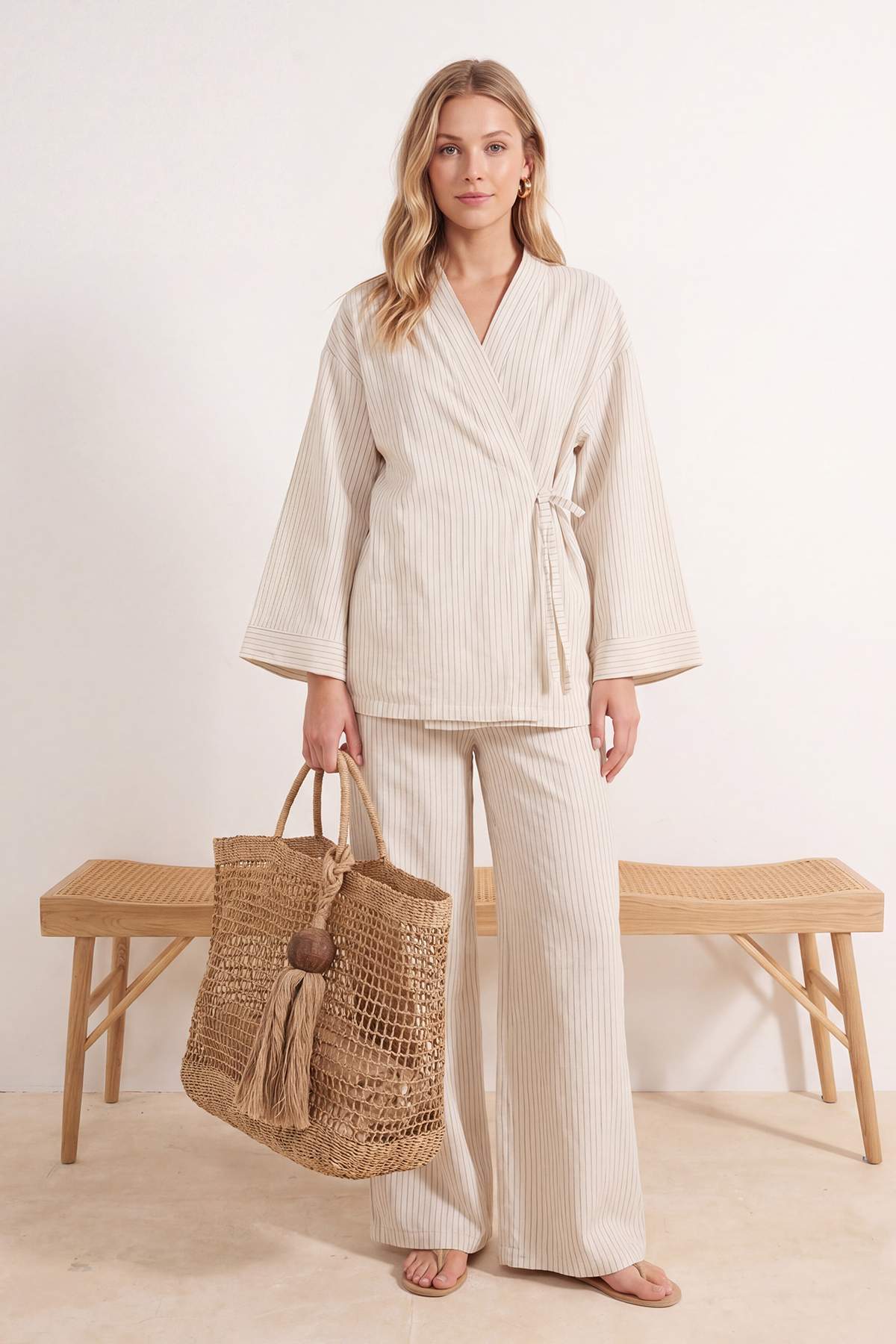 Trendyolmilla  Ekru Çizgili Dokuma Müslin 100% Pamuk Plaj Kimono Pantolon Takım TBESS26AU00023