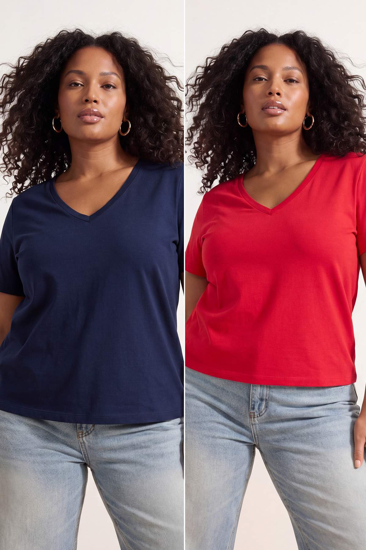 Trendyol Curve Rot-Marineblau 2er-Pack Basic-T-Shirts mit V-Ausschnitt aus 10...