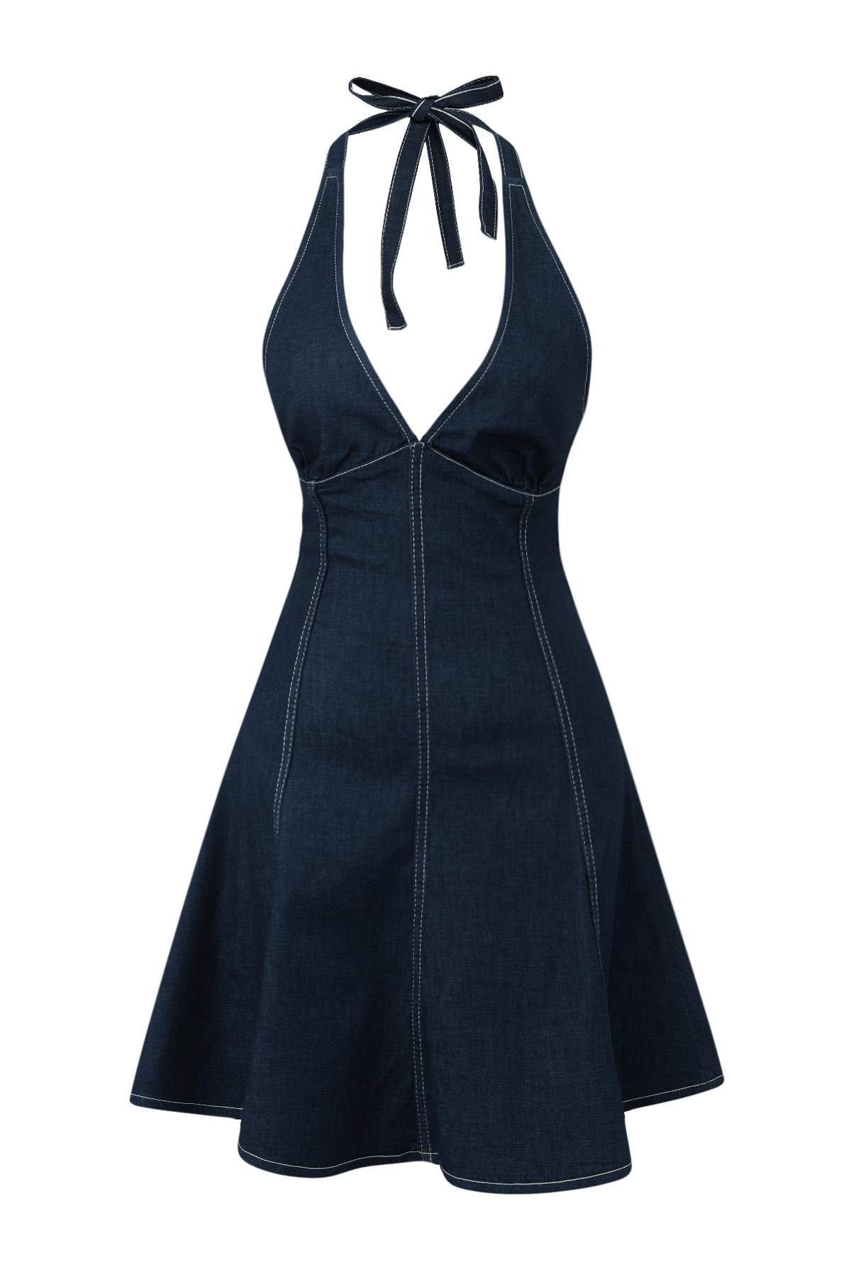 Trendyol Kollektion Dunkelblaues Neckholder-Mini-Jeanskleid für Teenager, mit...