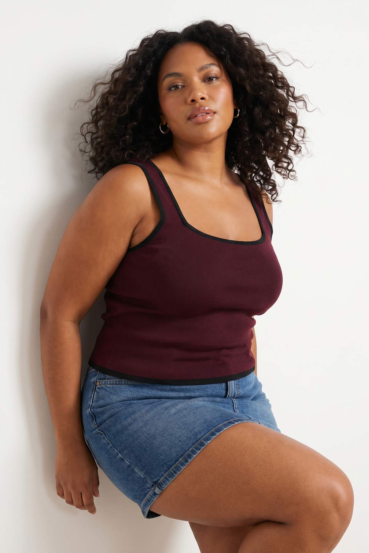 Trendyolmilla Curve Bordo Çizgi Detaylı Kare Yaka Bodycon İnce Triko Bluz TBBSS24AF00052