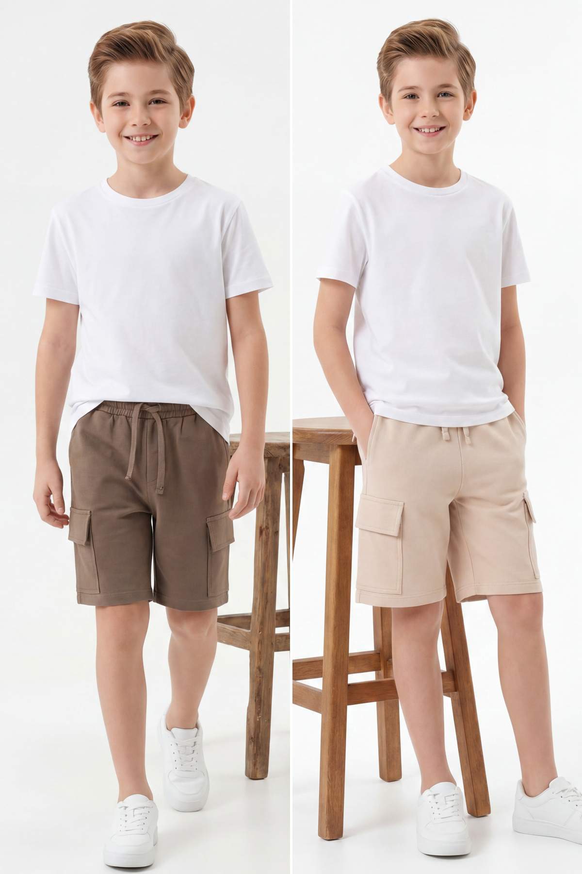 TRENDYOLKIDS Khaki-Beige 2-teilige Jungen-Shorts aus Baumwolle mit elastische...