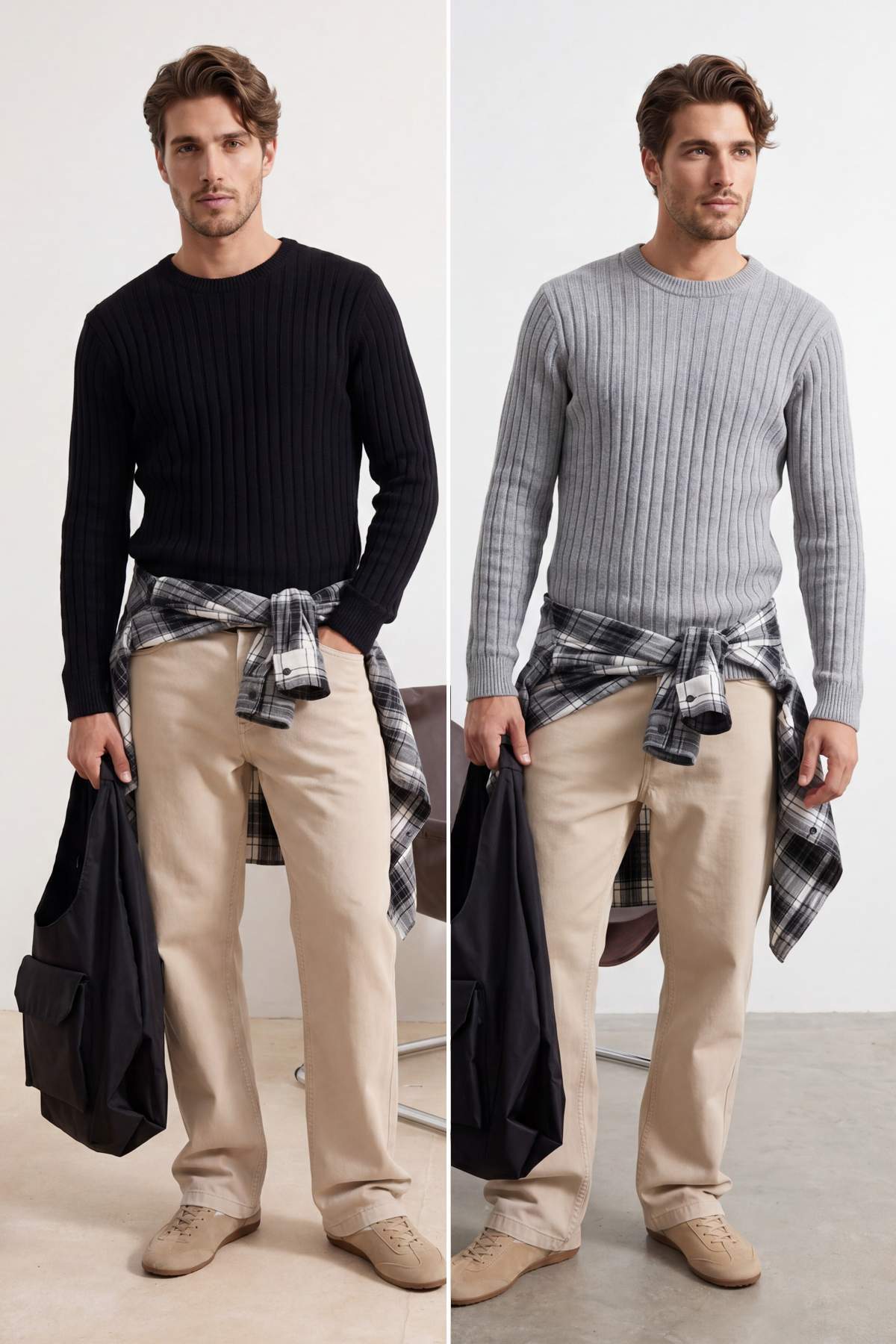 Edit By Trendyolmilla Siyah-Gri 2 li Slim Fit Dar Kalıp Triko Kazak TEDAW25KZ00055