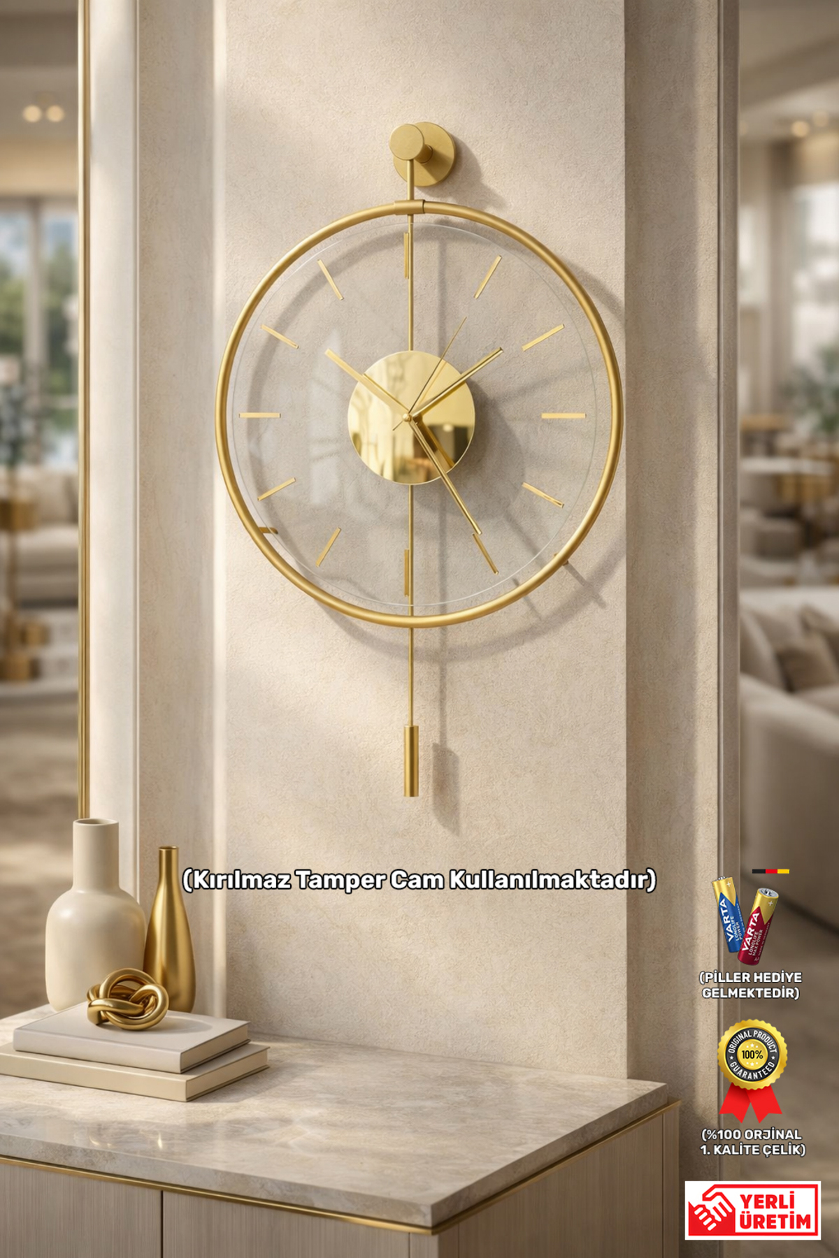 Messina Luxry Gold Medium Unbreakable Glass Silent Metal Wall Clock, Decorative Wall Clock 40x60