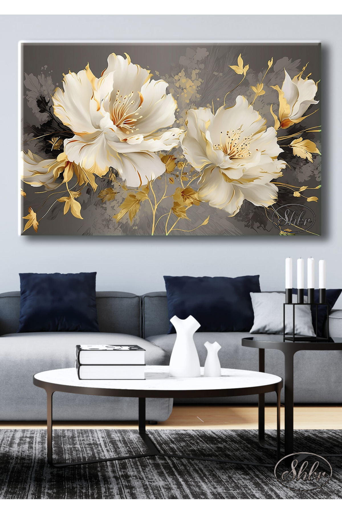 Single Horizontal Canvas Painting, Gold Effect, White Large Flowers, Decorative Canvas Wall Table