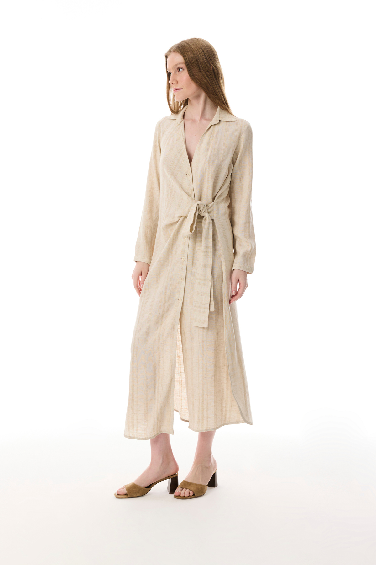 Mudo Women's Ecru Striped Shirt Dress with Tie Detail