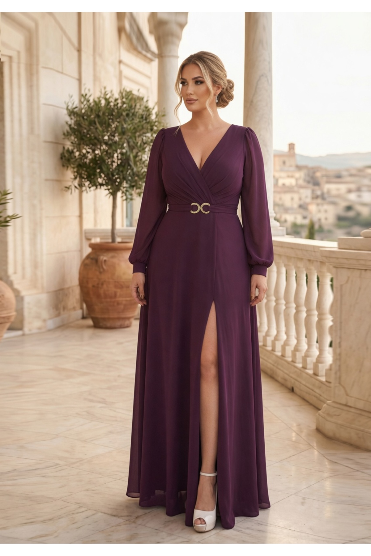 WRAP COLLAR LONG SLEEVE WAIST BUCKLE SLIT CHIFFON WEDDING AND OUTER SHOT EVENING DRESS