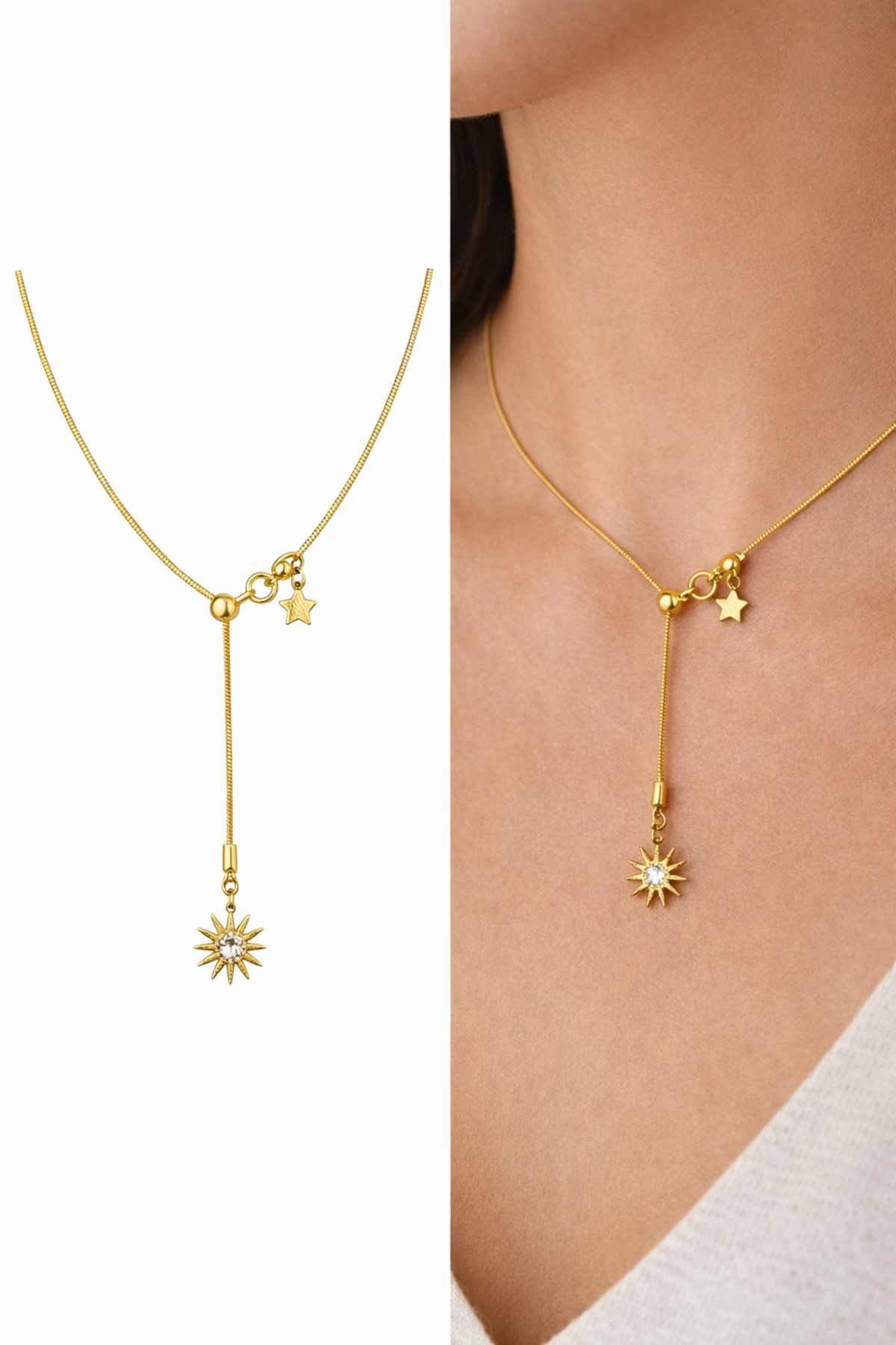 Güneş ve Mini Yıldız Charm Altın Kaplama Gold Asansör Kadın Kolye – Sevgililer Günü Özel