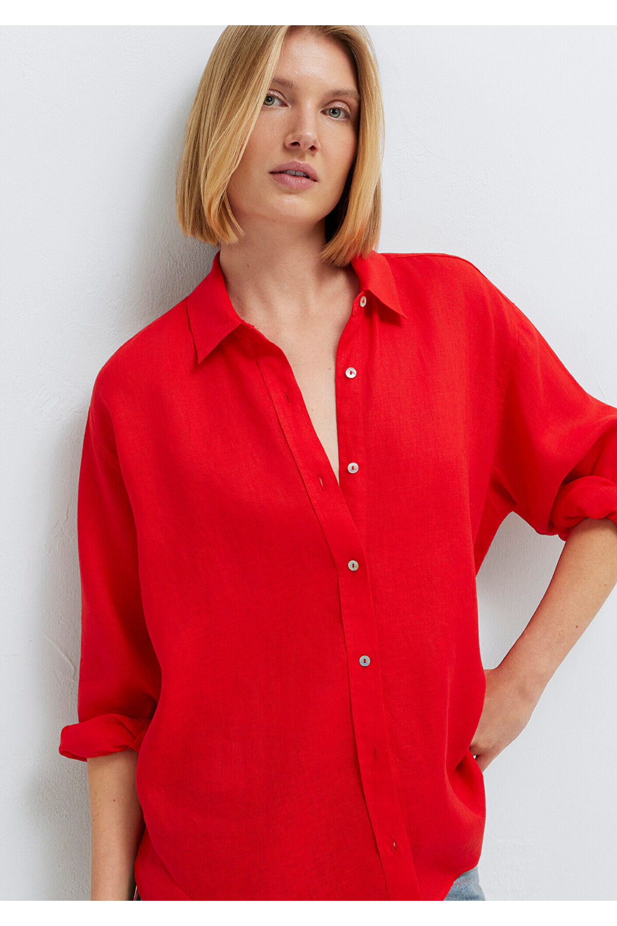 Mavi  Kırmızı Keten Gömlek Loose Fit / Bol Rahat Kesim 1210747-70474