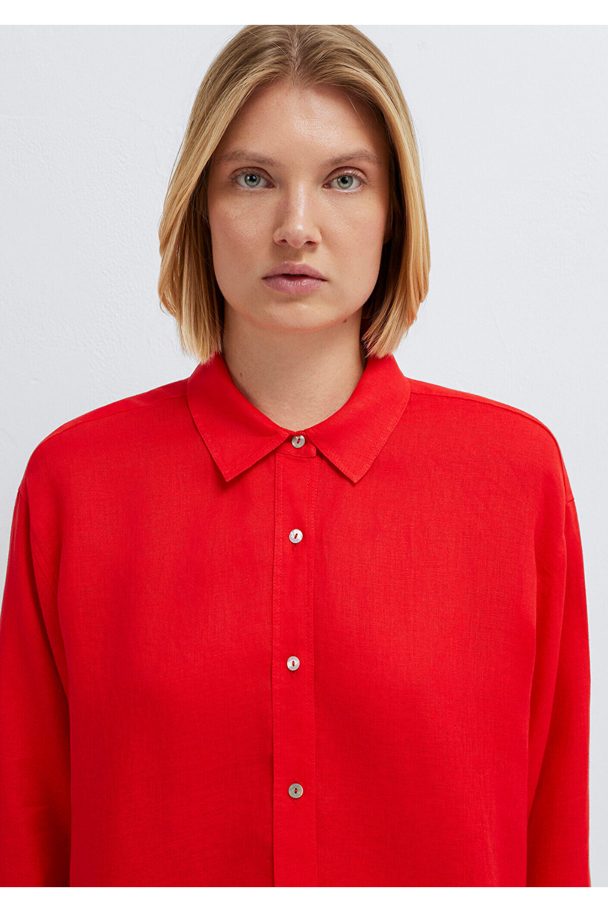 Mavi  Kırmızı Keten Gömlek Loose Fit / Bol Rahat Kesim 1210747-70474 - Görsel 8