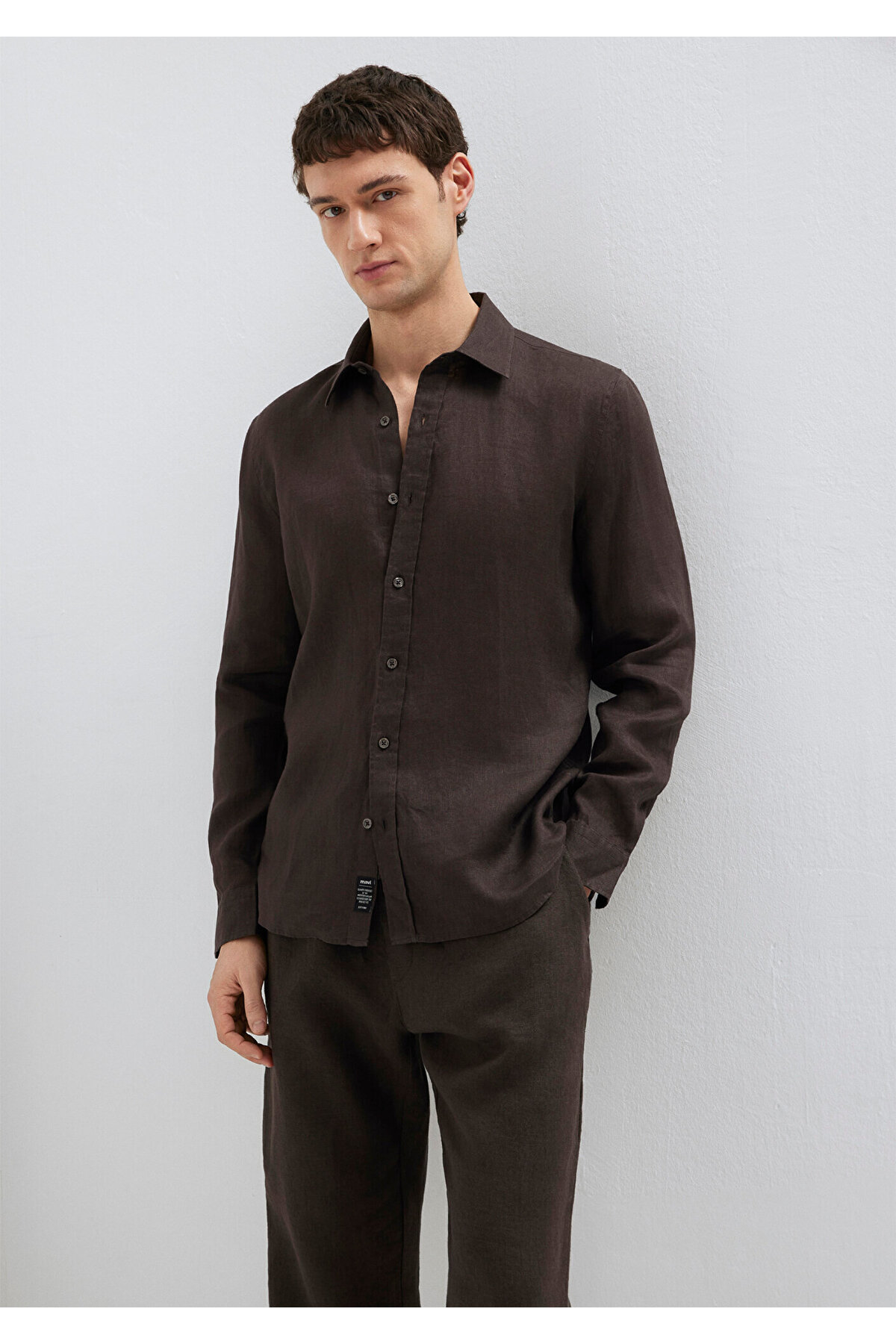 Mavi  Kahverengi Keten Karışımlı Gömlek Slim Fit / Dar Kesim 0211466-70219 - Görsel 3