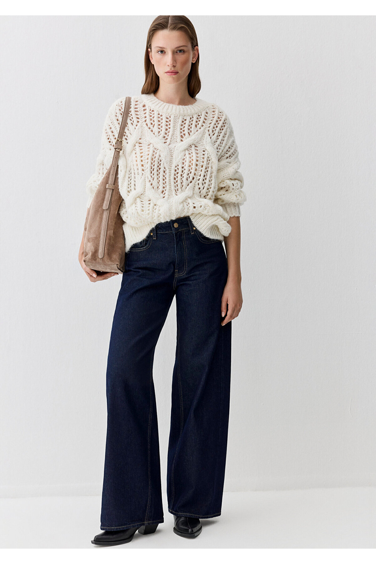 Mavi  Yün Karışımlı Ekru Kazak Oversize / Geniş Kesim 1710828-70057 - Görsel 2