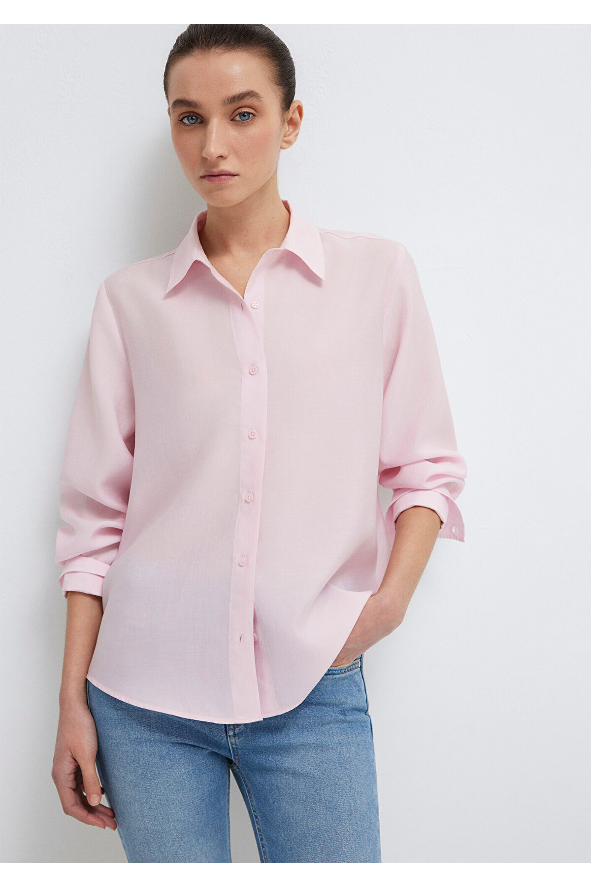 Mavi Pembe (TENCEL™) Liyosel Karışımlı Gömlek Loose Fit / Bol Rahat Kesim 1211373-91004 — صورتی