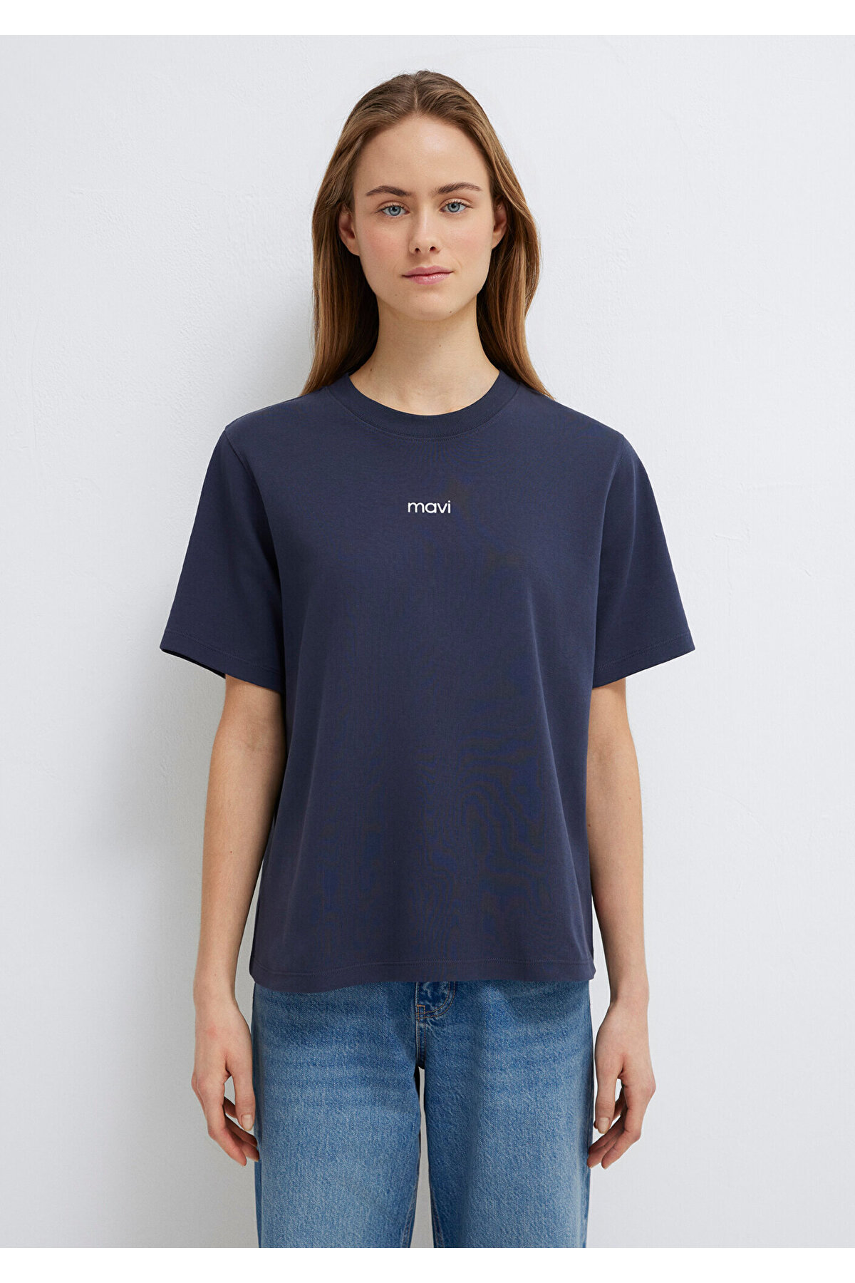 Mavi  Logo Baskılı İnterlok Lacivert Tişört Loose Fit / Bol Rahat Kesim 1612829-85315 - Görsel 4