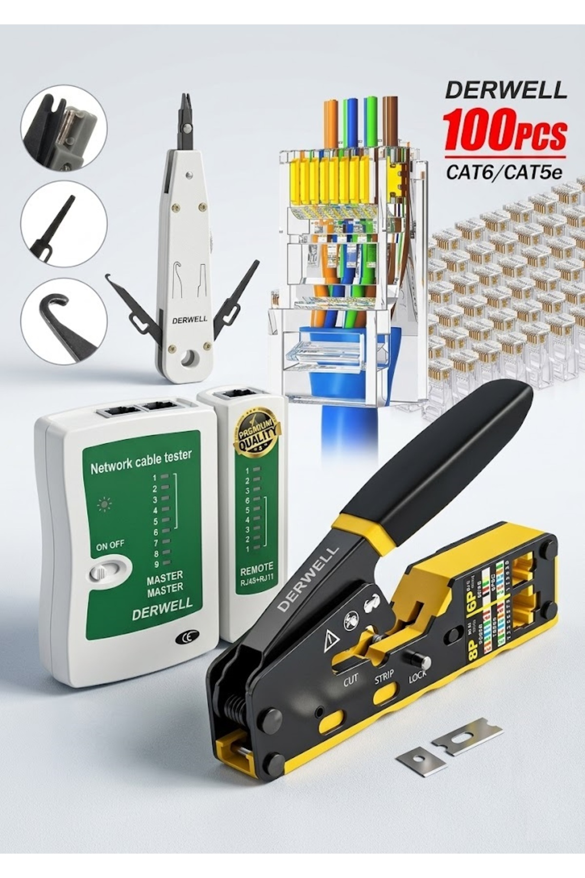 Yeni Nesil Ez Cat6/Cat7 Pense + Rj45 Rj11 Test Cihazı + Krone Bıçağı 100 Adet Yeni Nesil Delikli Jak