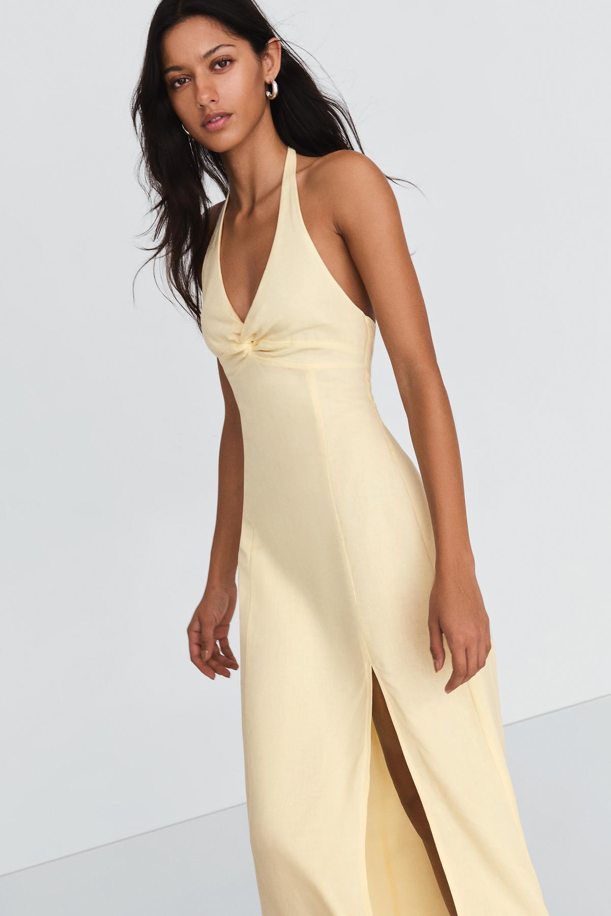 Bershka  Ketenli halter midi elbise - Görsel 4