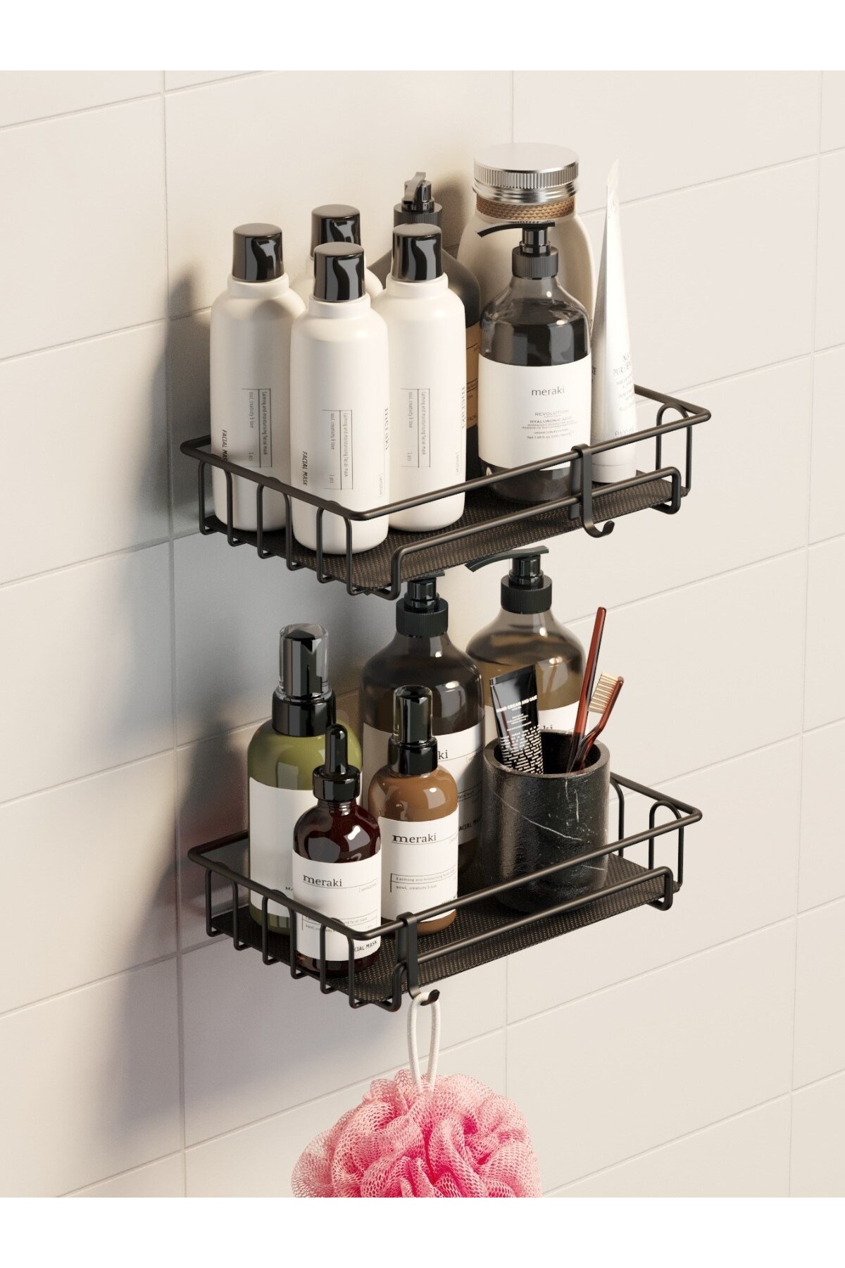 Technotel Adhesive Hooked 2 Pieces Bathroom Shelf Shampoo Holder Matte Black ST242P Plastic Base