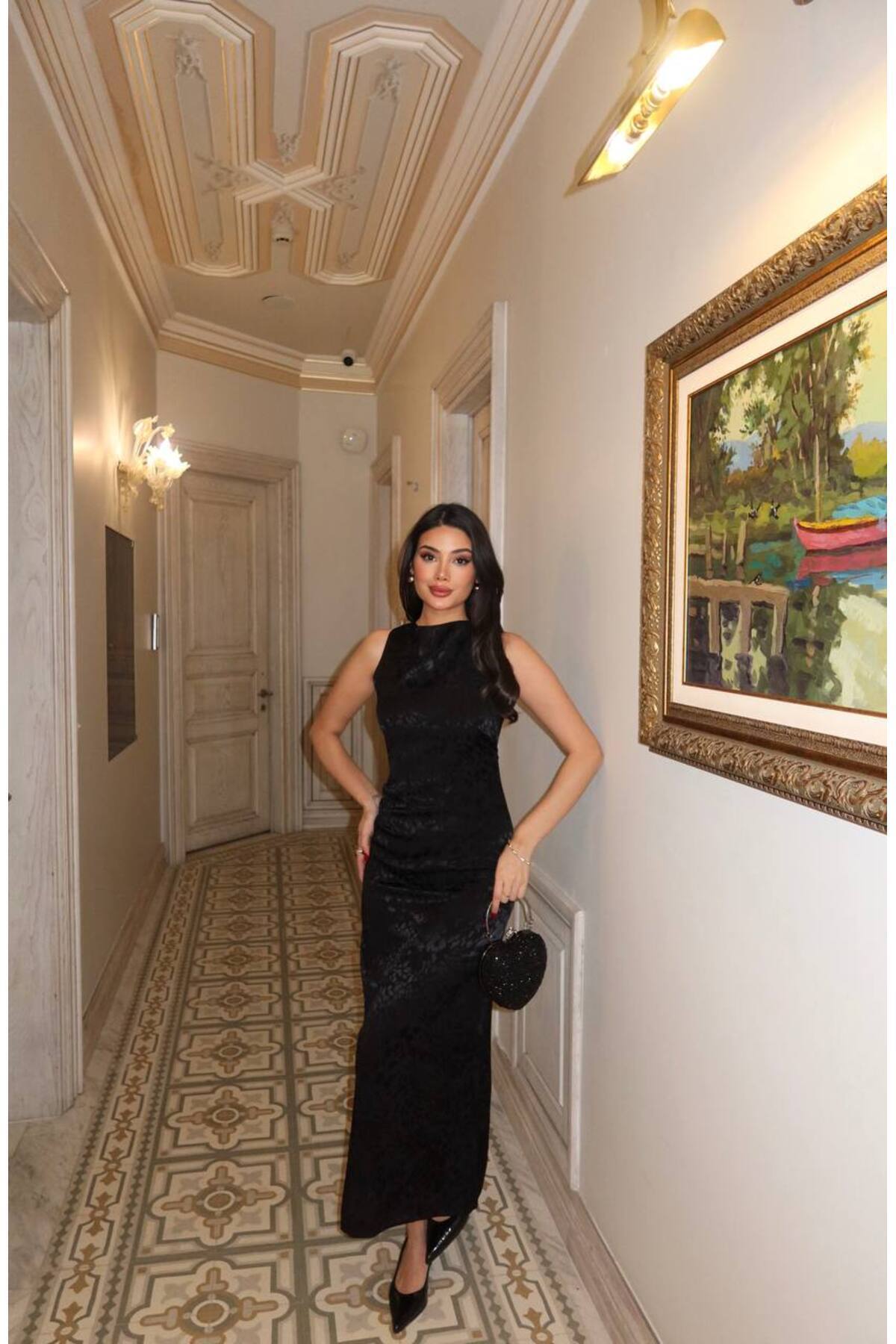 İLKCET MODA Saten Siyah Leopar Desenli Uzun Elbise görsel 8