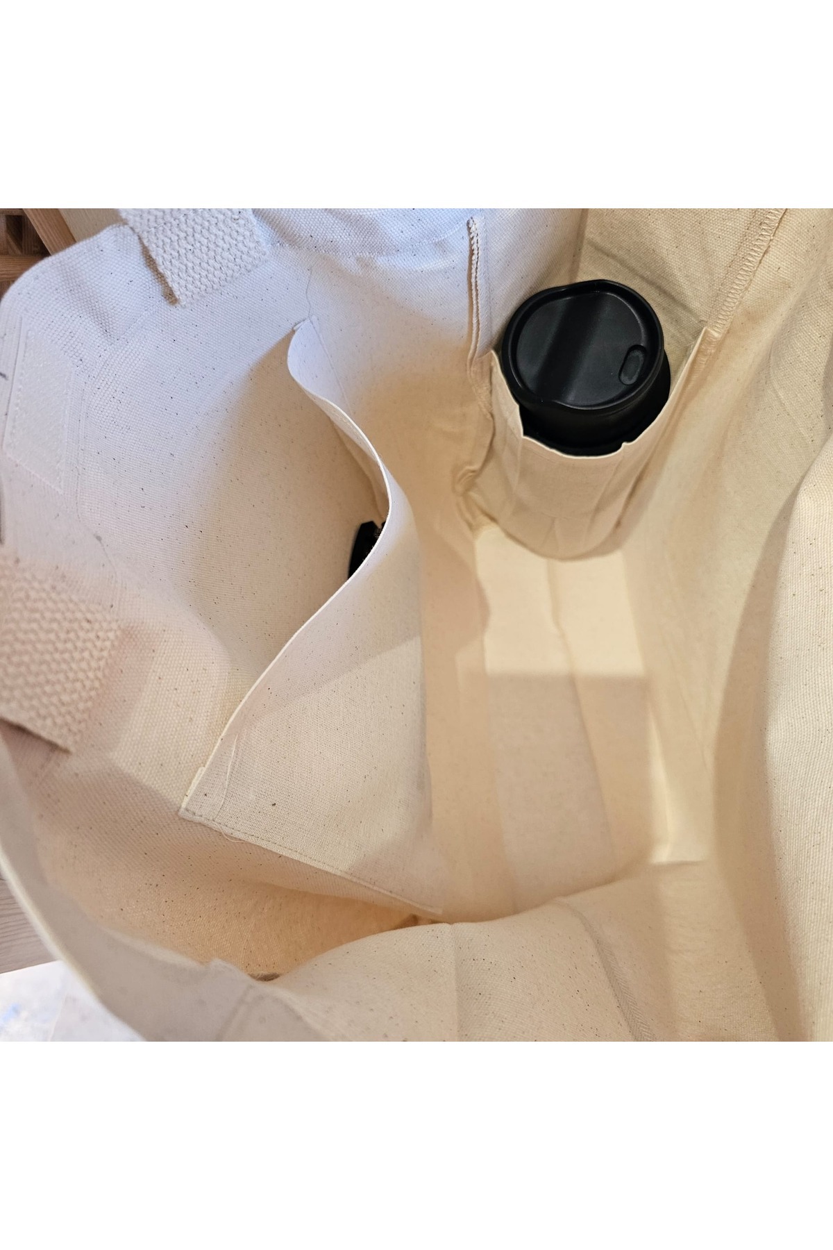 Pikkuva  Pembe Çiçekler ve Yeşil Yapraklar Baskılı Naturel Kanvas Bez Çanta Sap Beyaz Cırt Cırtlı - Küçük - Görsel 5