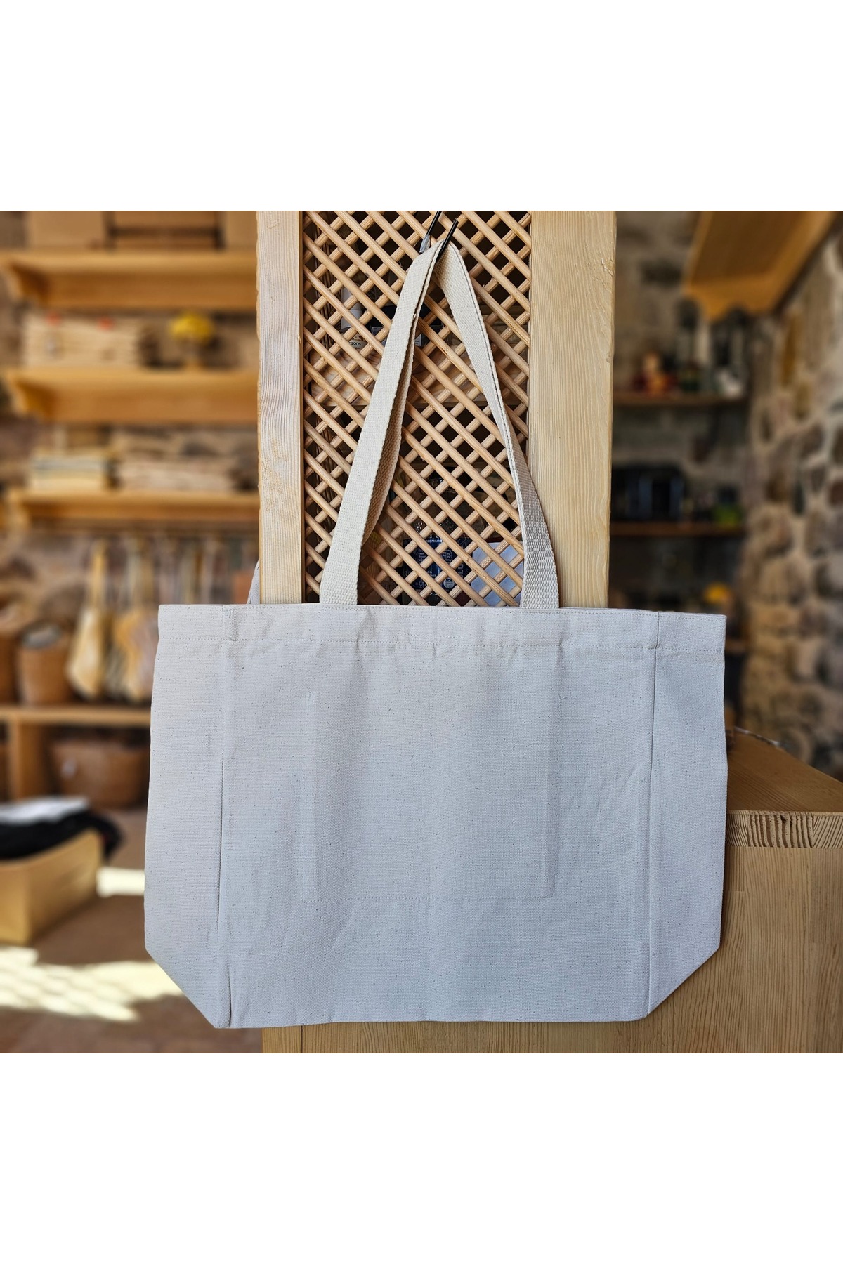 Pikkuva  Pembe Çiçekler ve Yeşil Yapraklar Baskılı Naturel Kanvas Bez Çanta Sap Beyaz Cırt Cırtlı - Küçük - Görsel 2