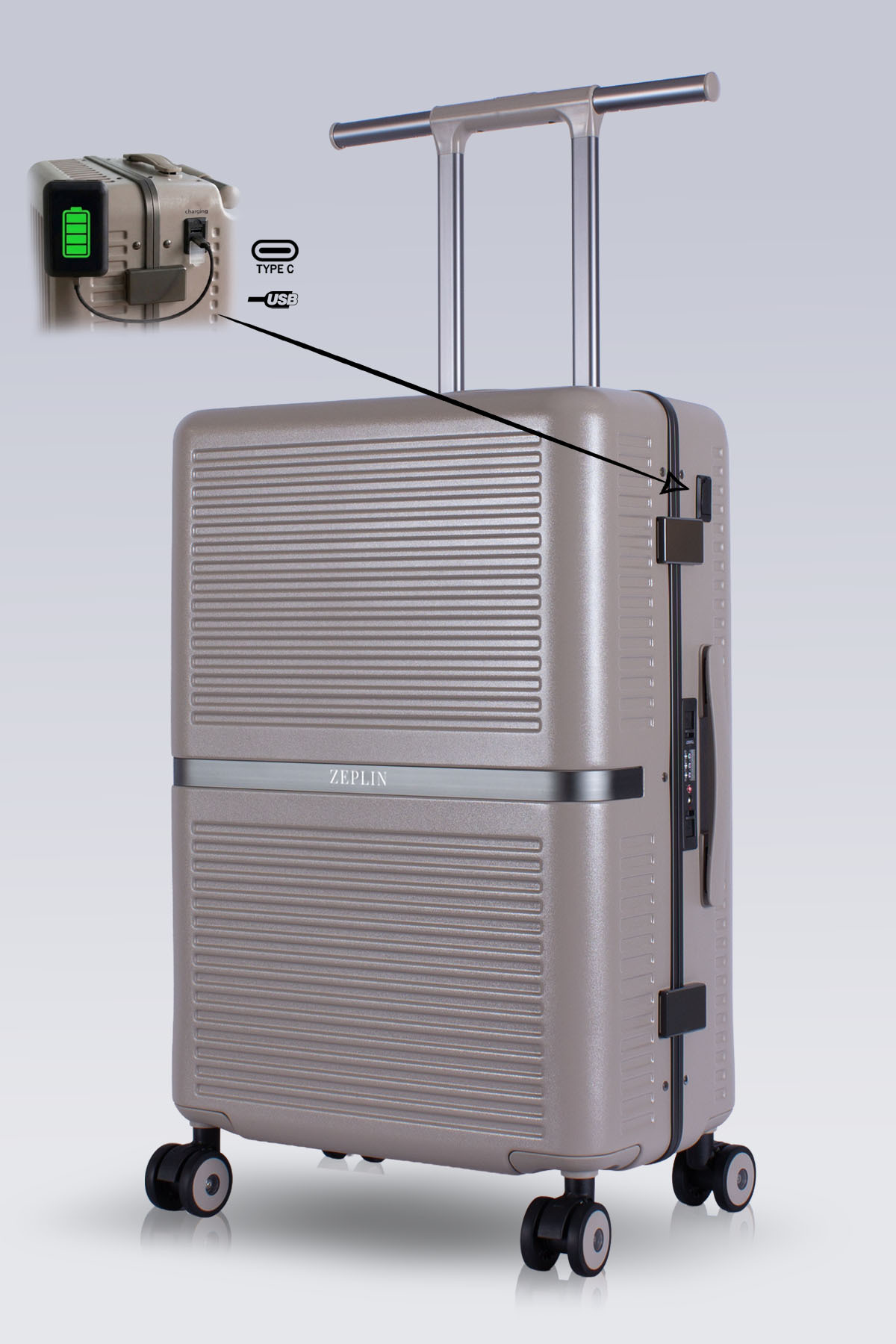 Nora PC Polycarbonate USB & Type-C Medium Suitcase with Charging Port Sand Beige