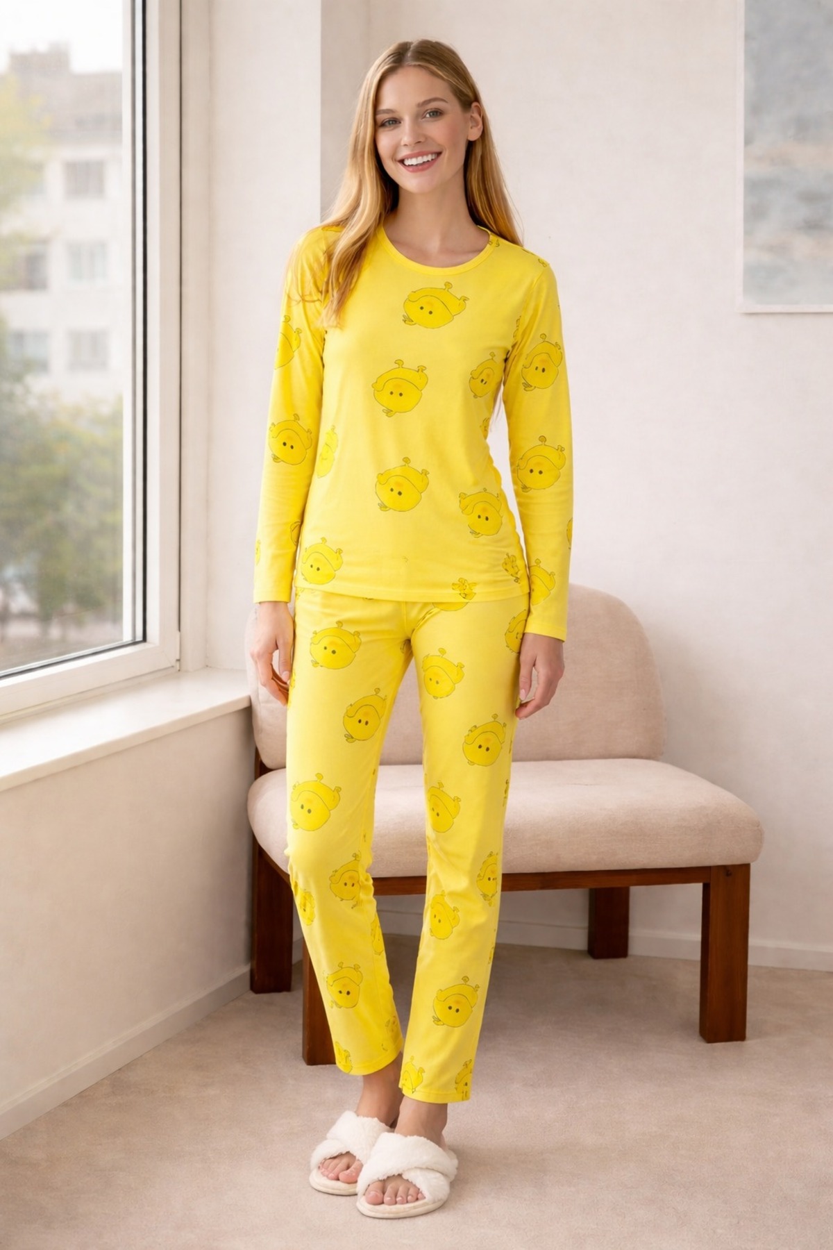 rindahomewear Kadın Süprem Civciv Baskılı Uzun Kol Pijama Takımı görsel 3