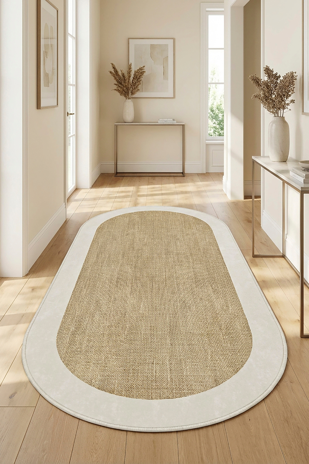 Digital Anti-Slip Washable Beige Lounge Rug Kitchen Rug Aisle Rug Oval Carpet Runner-d7024
