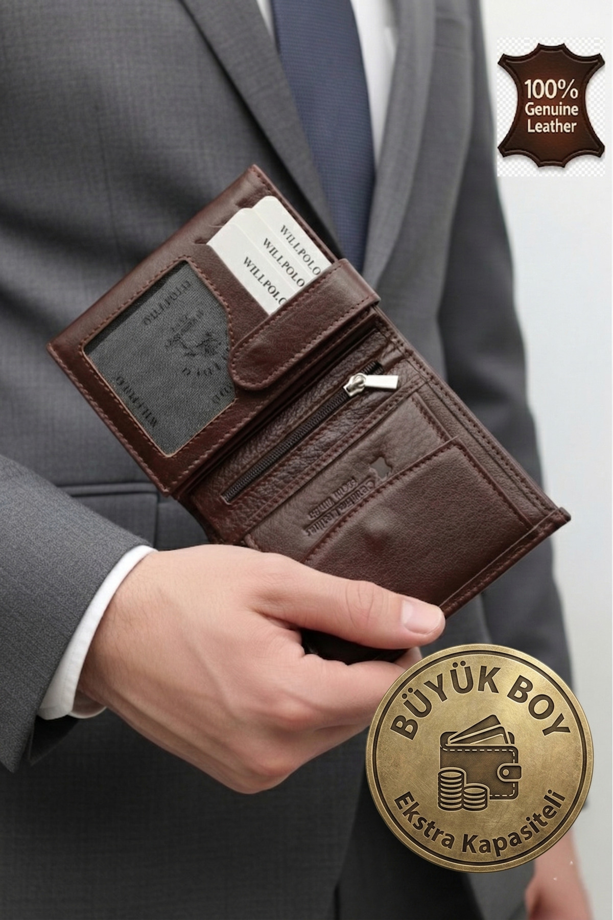 Genuine Leather Vertical Large Brown Wallet Card Holder (11.5x9 cm)